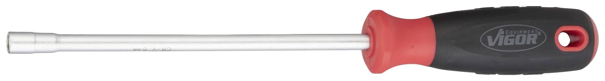 A screwdriver with a long metal shaft and an ergonomic, red and black handle, suitable for working in hard-to-reach places.