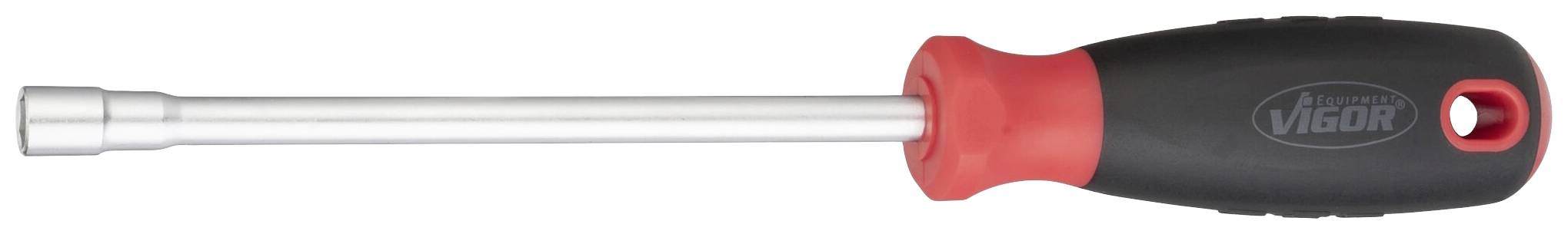A spanner with a black handle and red end piece. The metal rod is long and cylindrical, with a hexagonal opening at the end.