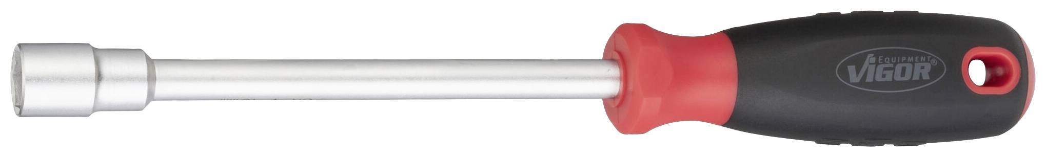 A socket spanner with a red and black handle, metal shaft and hexagonal socket, a tool for tightening nuts.
