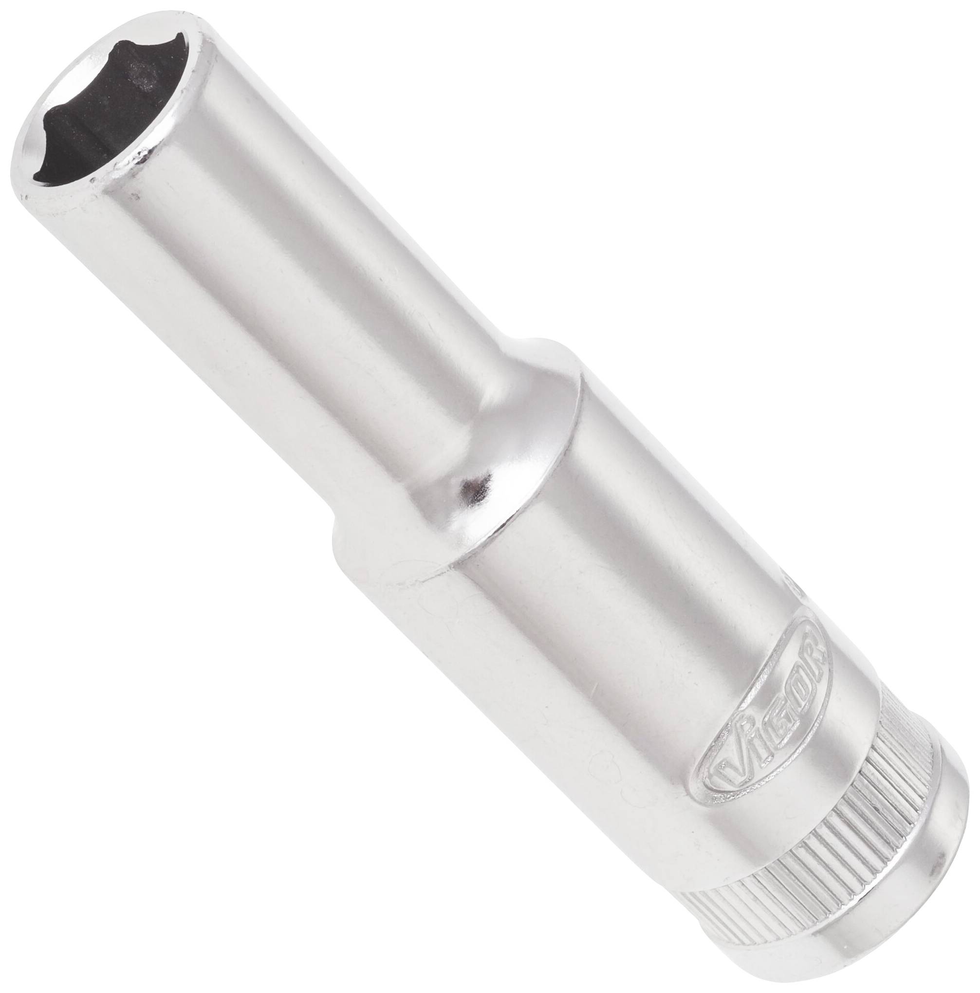 Metal hexagonal socket; round, silver design for use with ratchets and spanners when tightening or loosening screws.