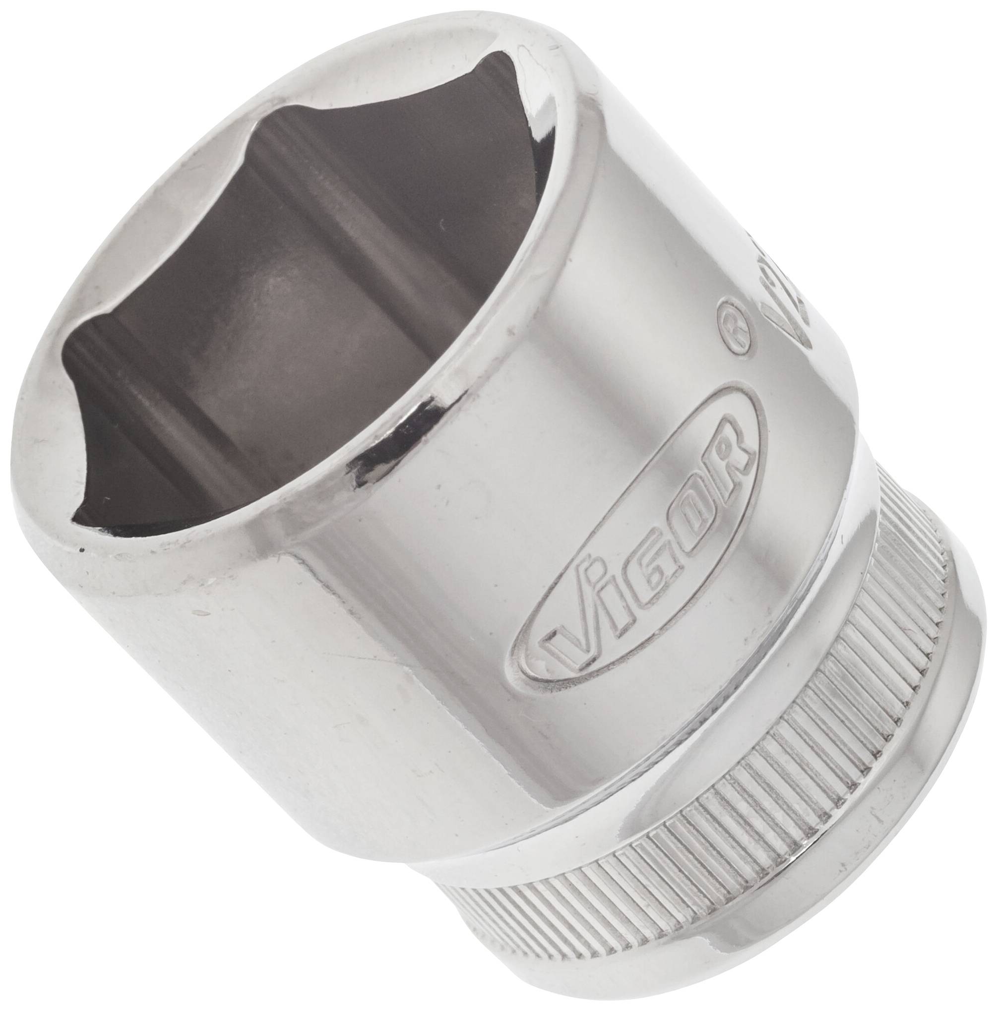 Chrome-plated metal socket with an internal hexagon for attachment to a rotary tool; suitable for screw-related work.