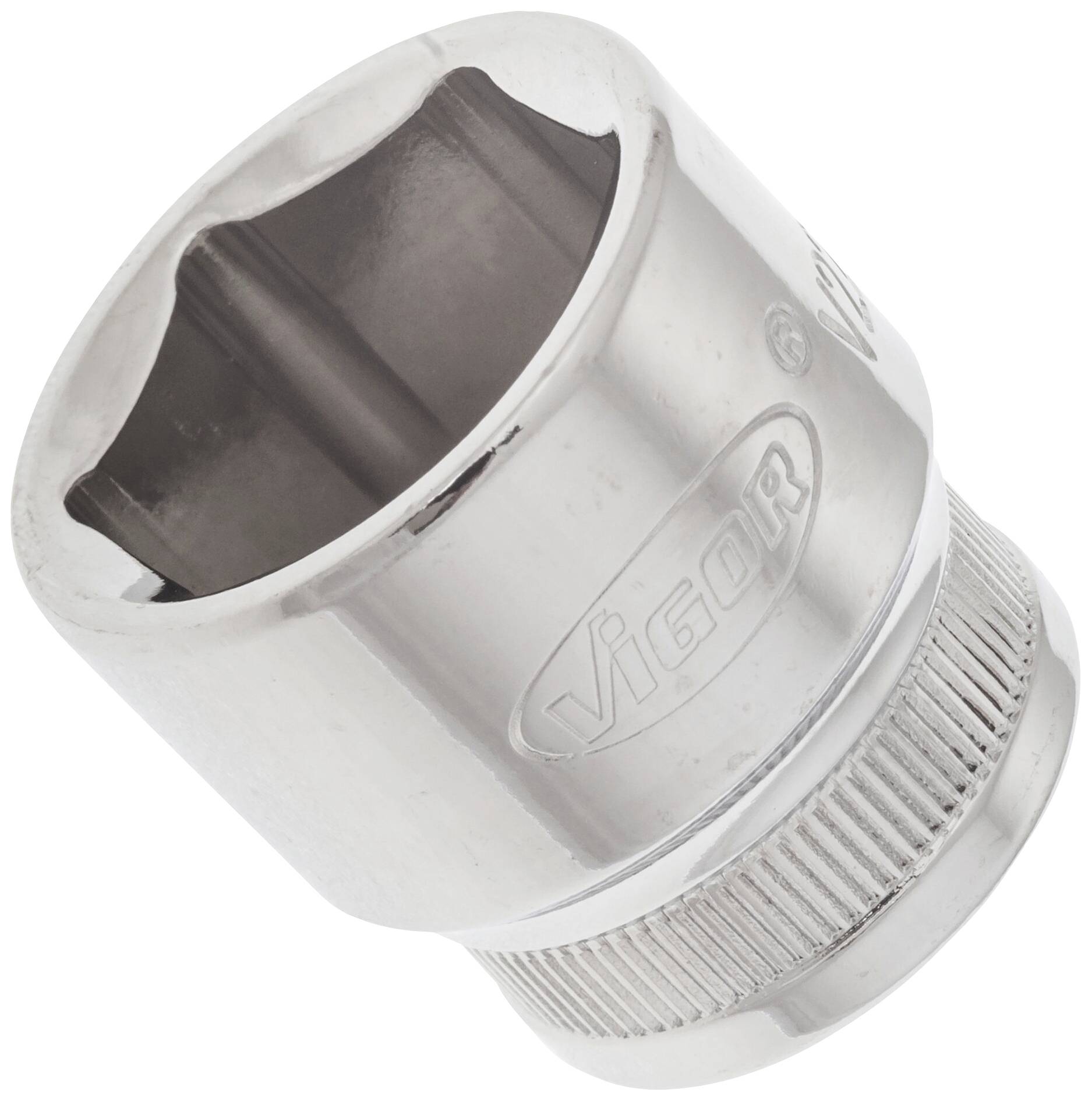 Chrome-plated socket with a hexagonal opening, marked with 'VIGOR'. Used for screw work with ratchets.