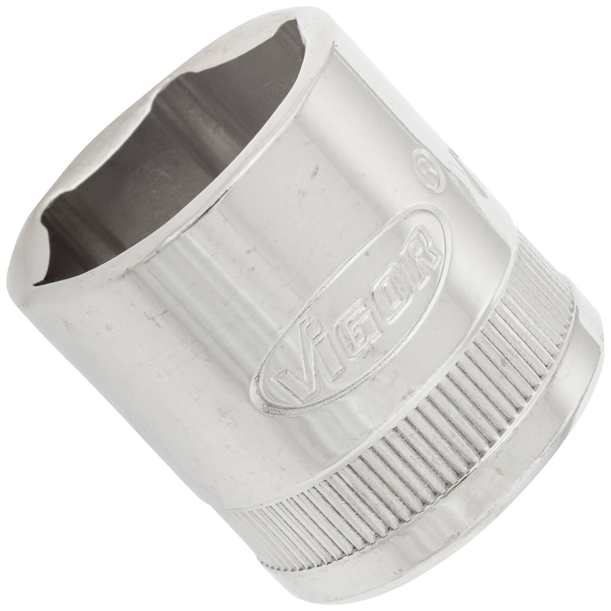 A silver socket extension with a knurled edge and inscription 'Vigor'.