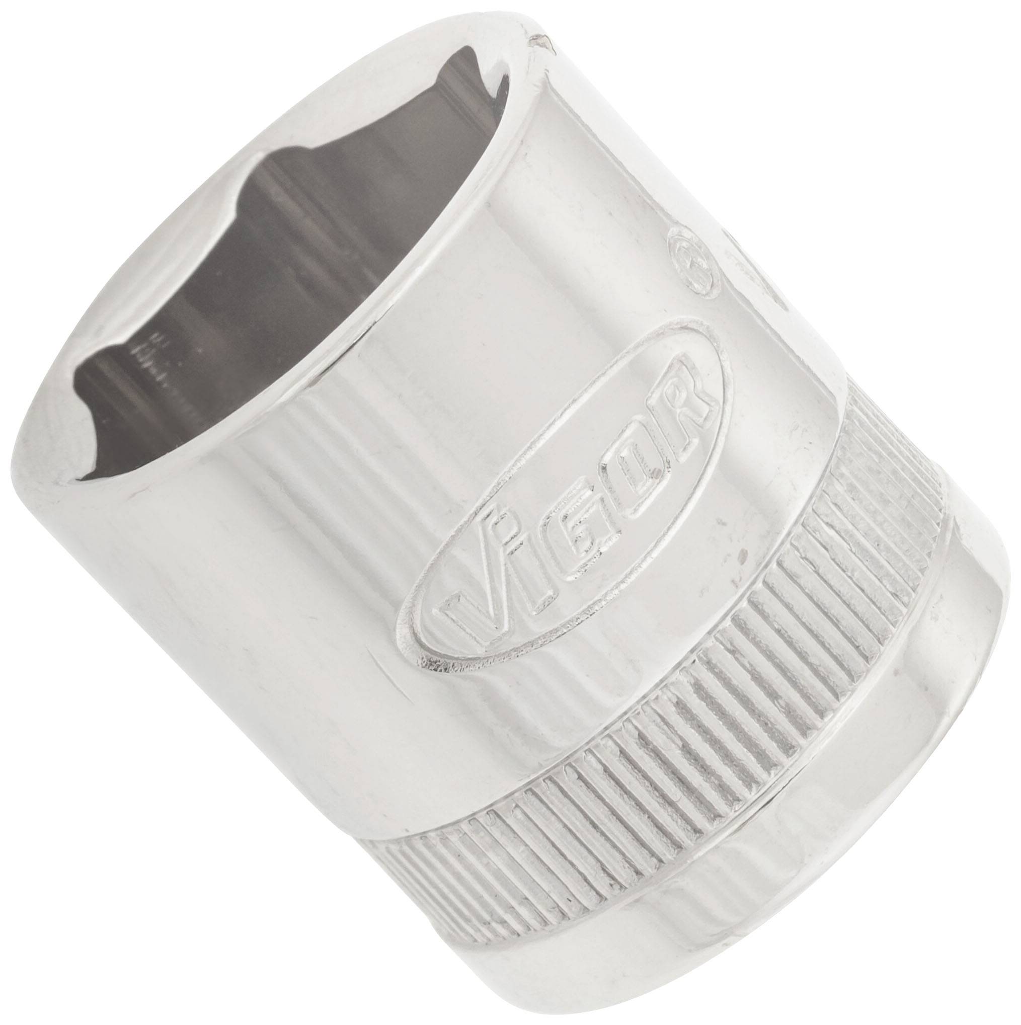 Metal socket key with a round, shiny design and knurled grip edge.