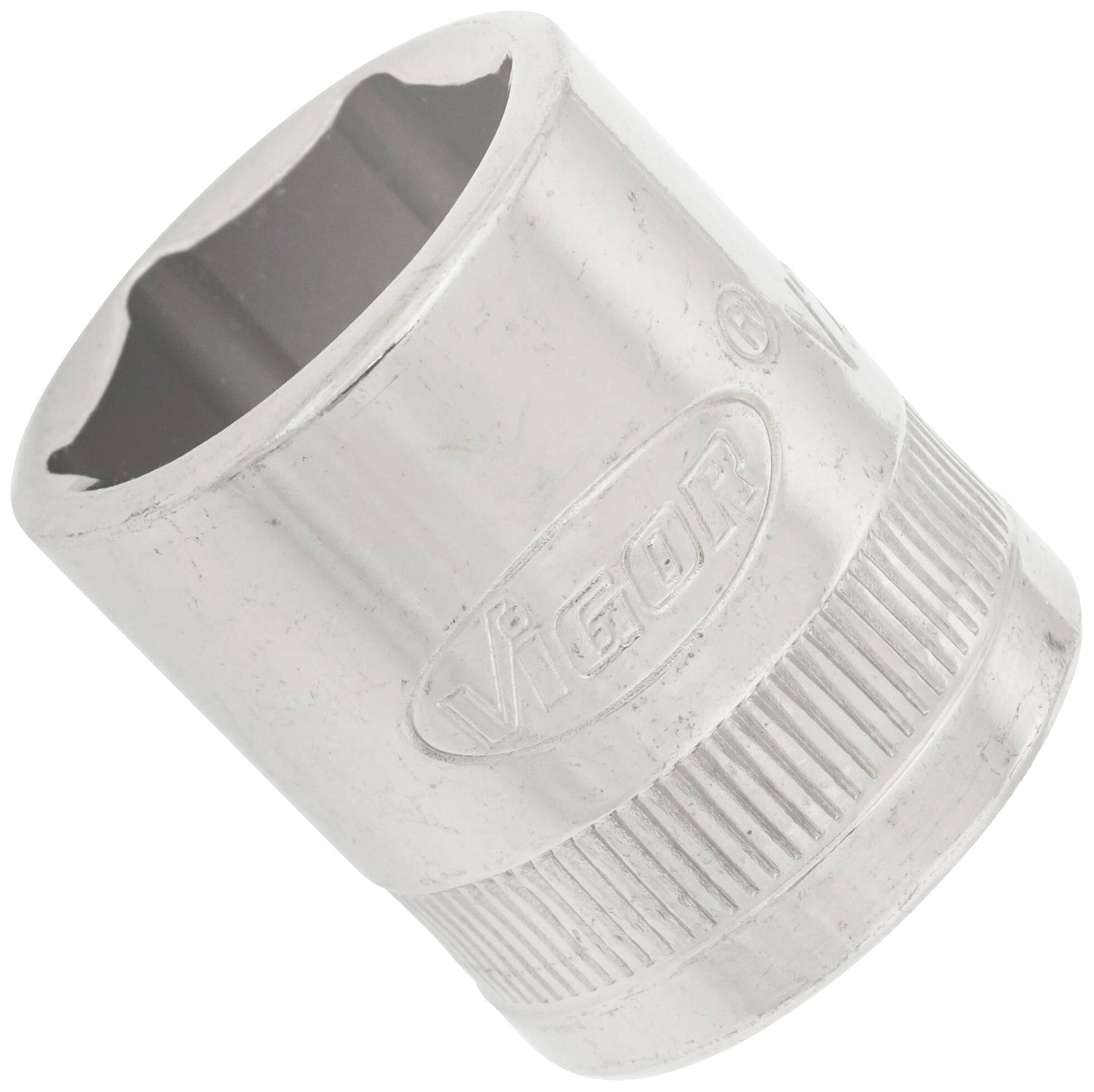 A silver socket with a ribbed handle, suitable for a socket wrench, displays the 'Vigor' brand.