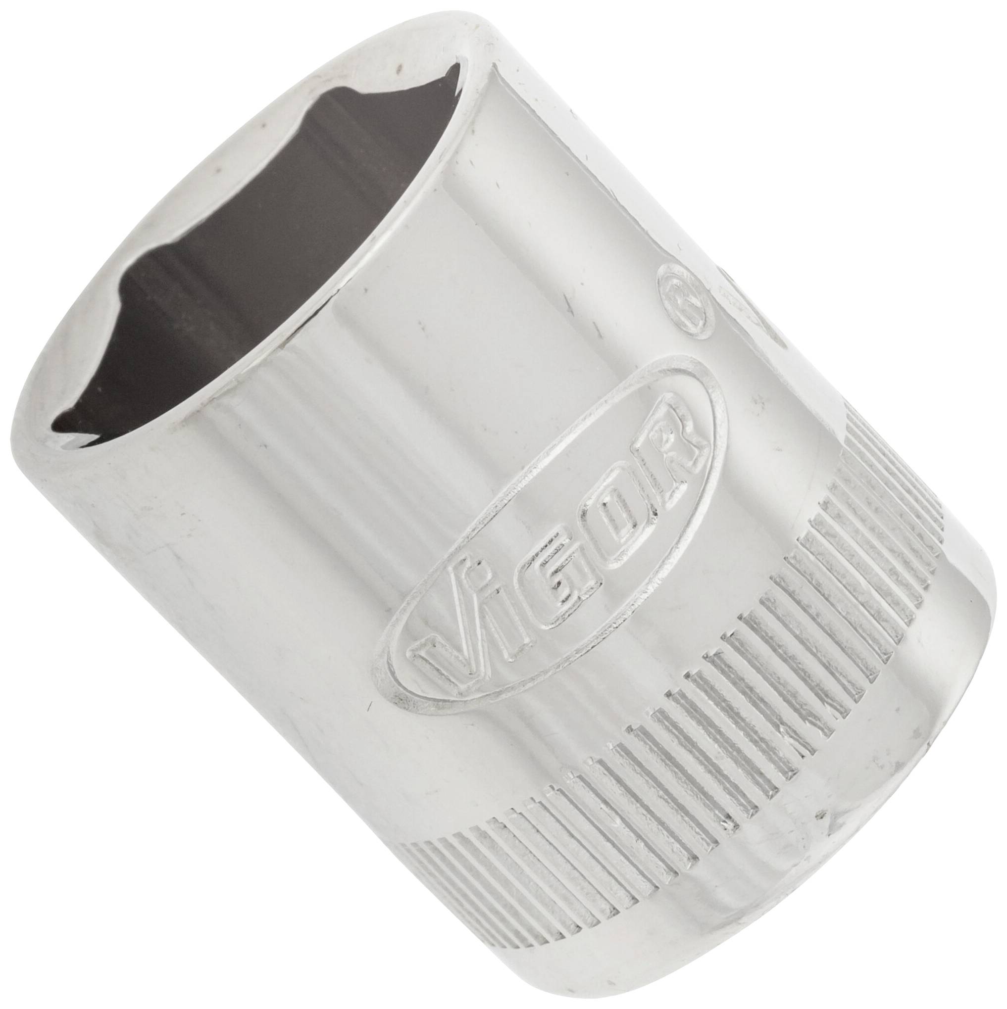 Metal screwdriver bit with hexagonal opening and knurled grip for improved grip. Brand name engraved on the side.