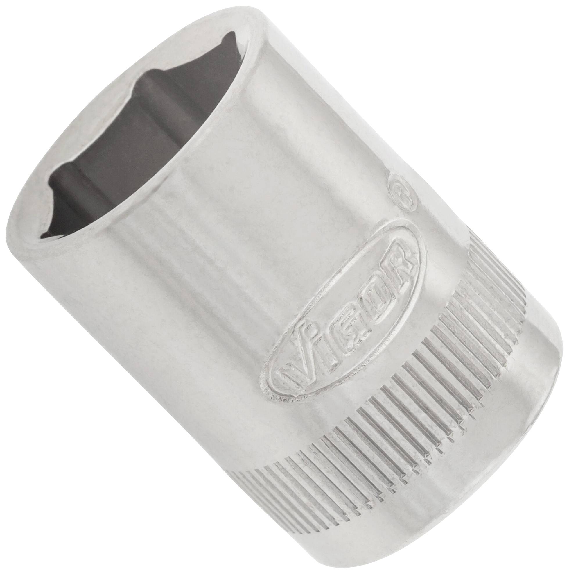 Metal socket attachment, cylindrical, with engraved logo. Used for tightening or loosening screws and nuts.