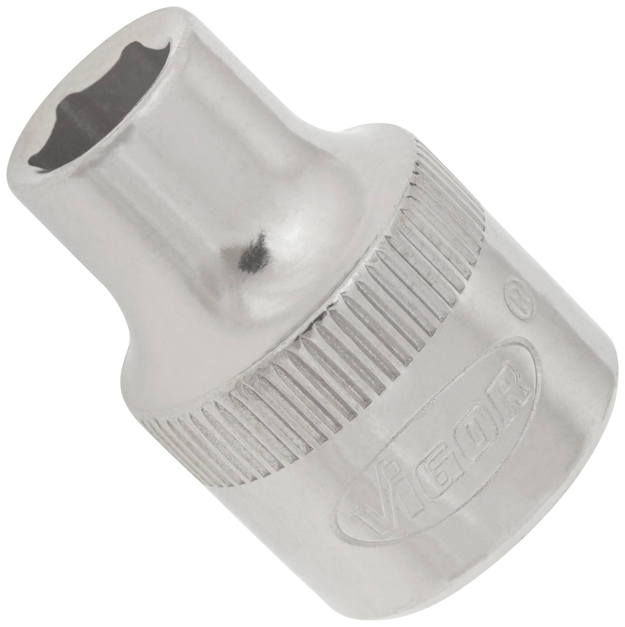 Metal socket wrench attachment, hexagonal opening, ergonomic design, brand engraved on the side.