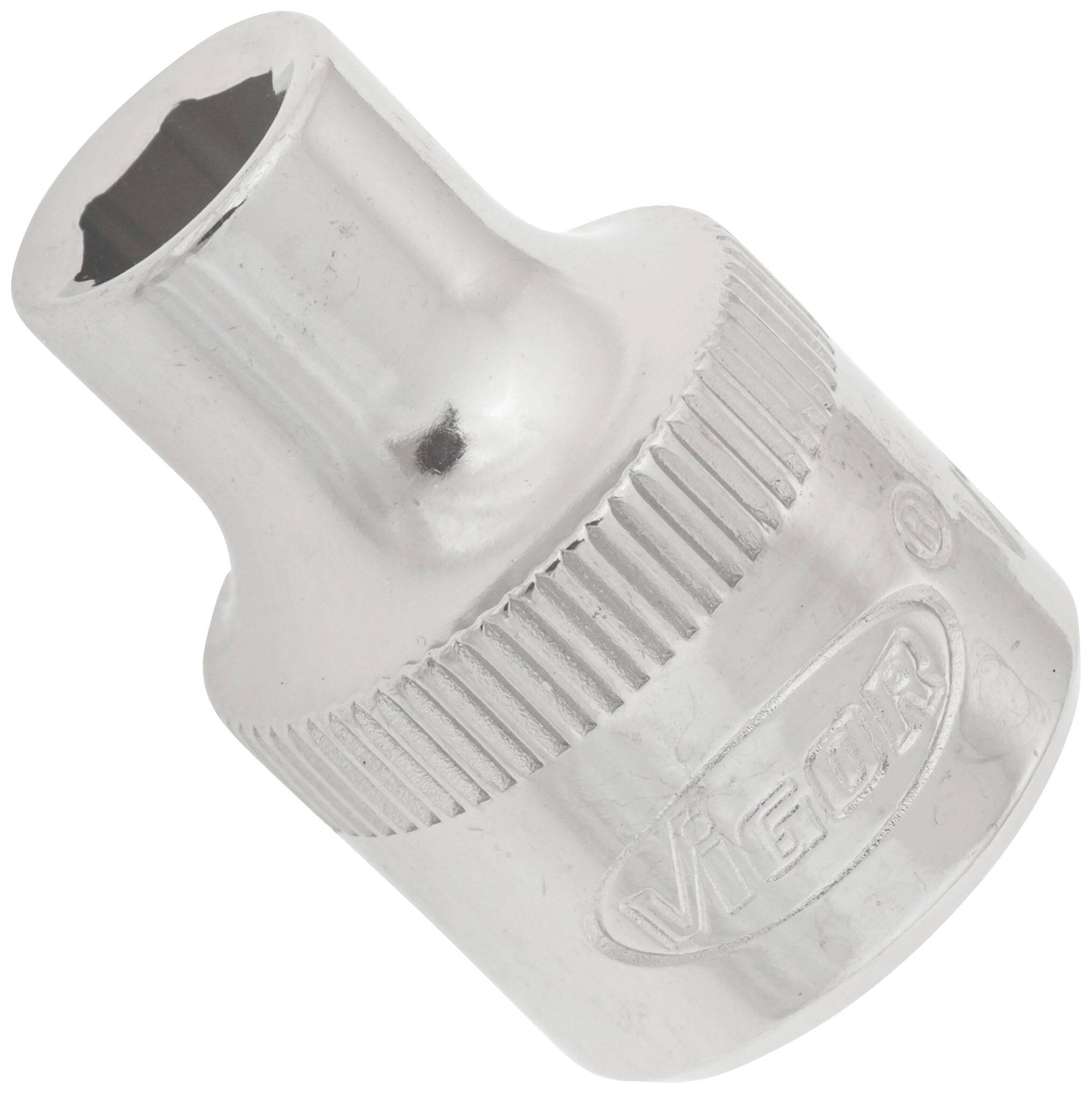 A silver screw nut with a fluted edge and an embossed logo. It is made of shiny metal and is used for screwing.