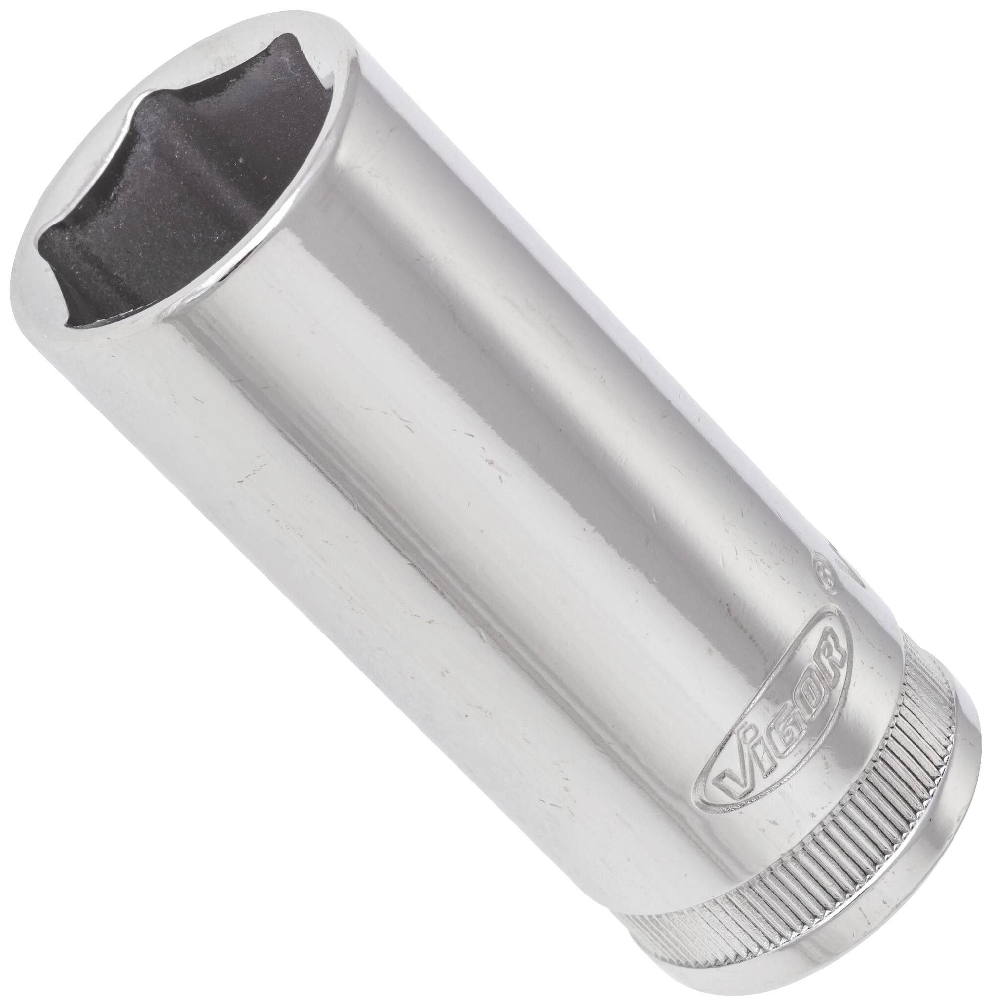 Cylindrical socket insert with hexagonal internal form made of polished metal, marked with 'VIGOR' logo.