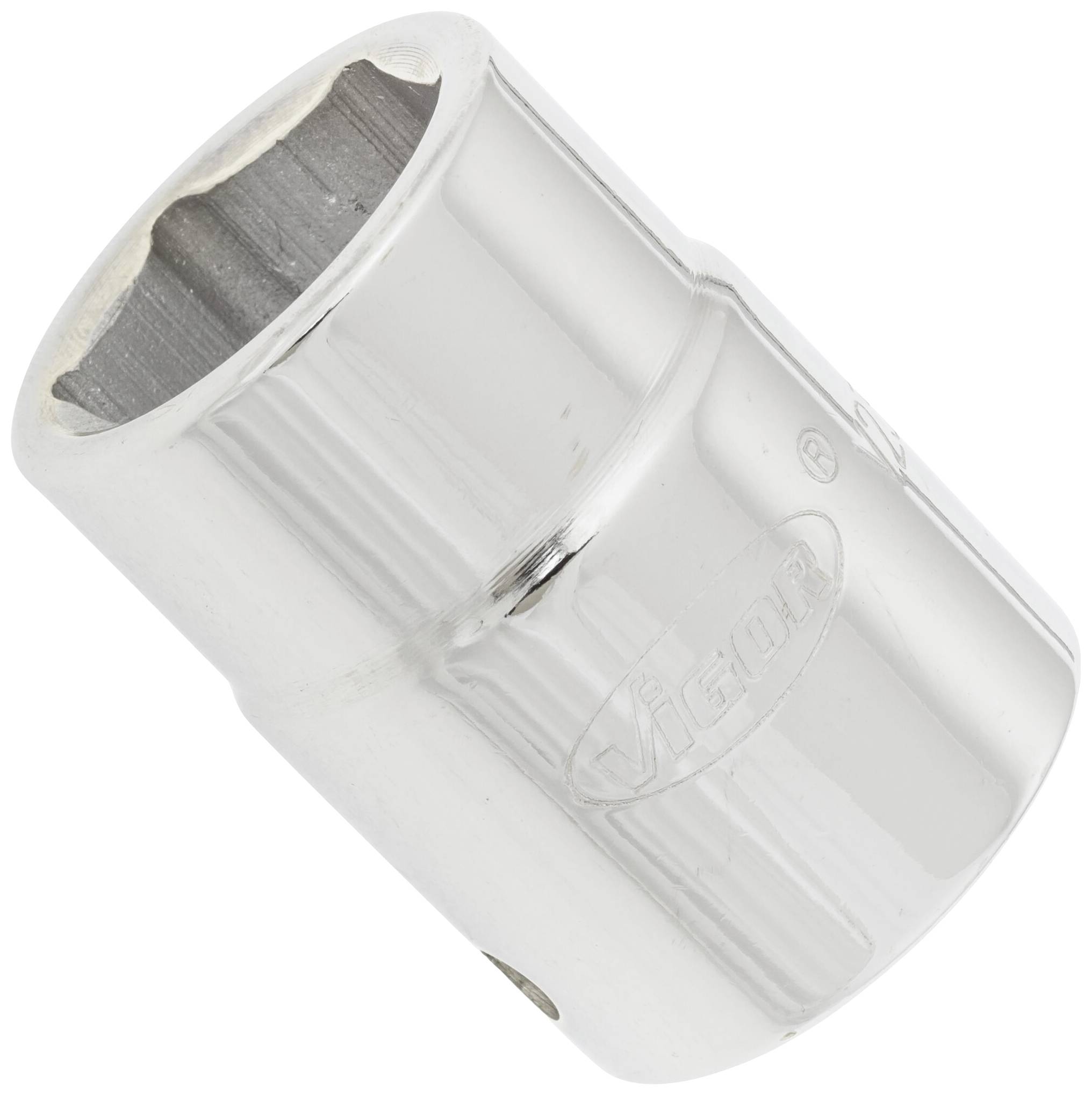 Metallic cylindrical socket key adapter, lustrous, with a hexagonal opening for attachment to a tool for mechanical work.