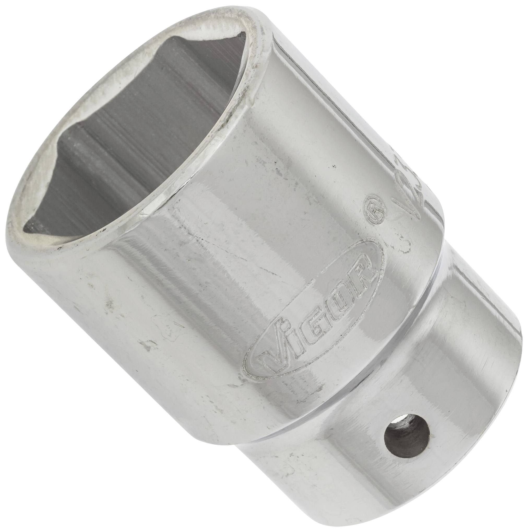 Metal spanner, cylindrical shape with hexagonal opening, suitable for use in workshop or repairs.
