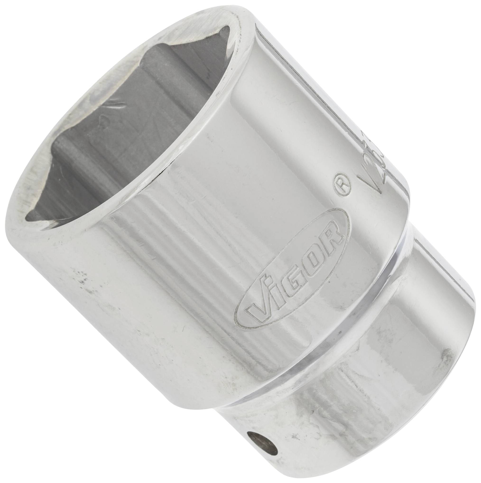 A silver, metallic socket with the inscription 'Vigor', suitable for use with ratchets, shows slight signs of wear.