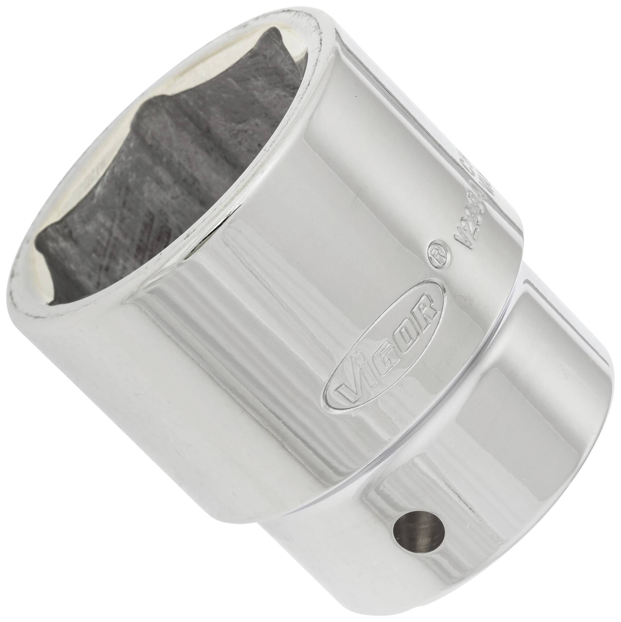 Hexagonal spanner, chrome-plated, with rounded end, brand name embossed on the side.
