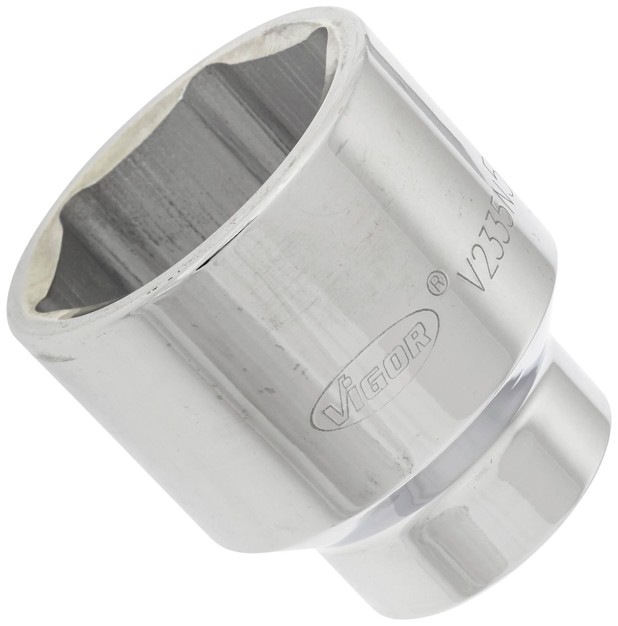 A silver socket extension with a hexagonal opening, suitable for use with a spanner or ratchet.