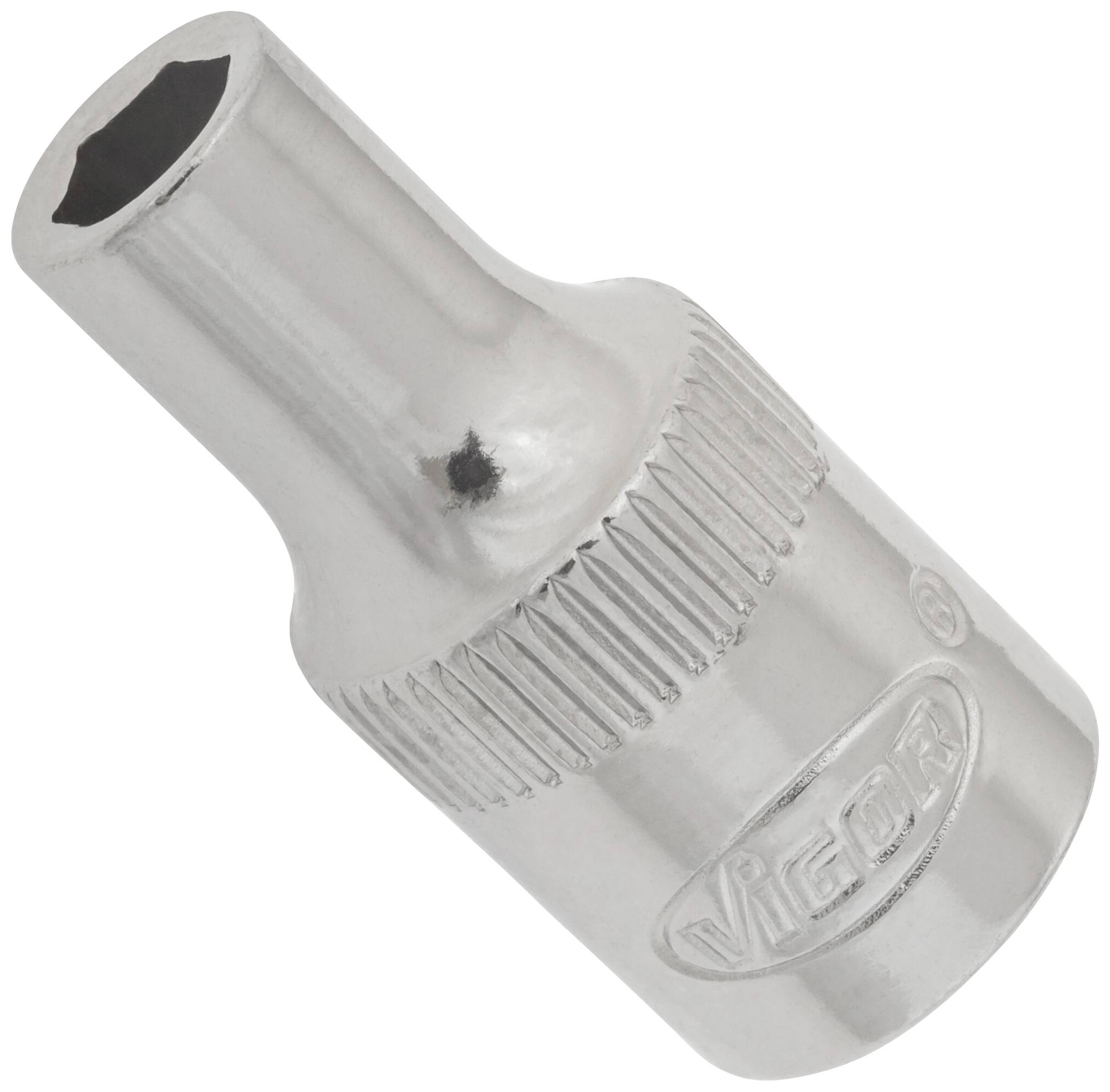 A gleaming metal stud/pin with a ribbed shaft and embossed logo, likely a tool attachment.