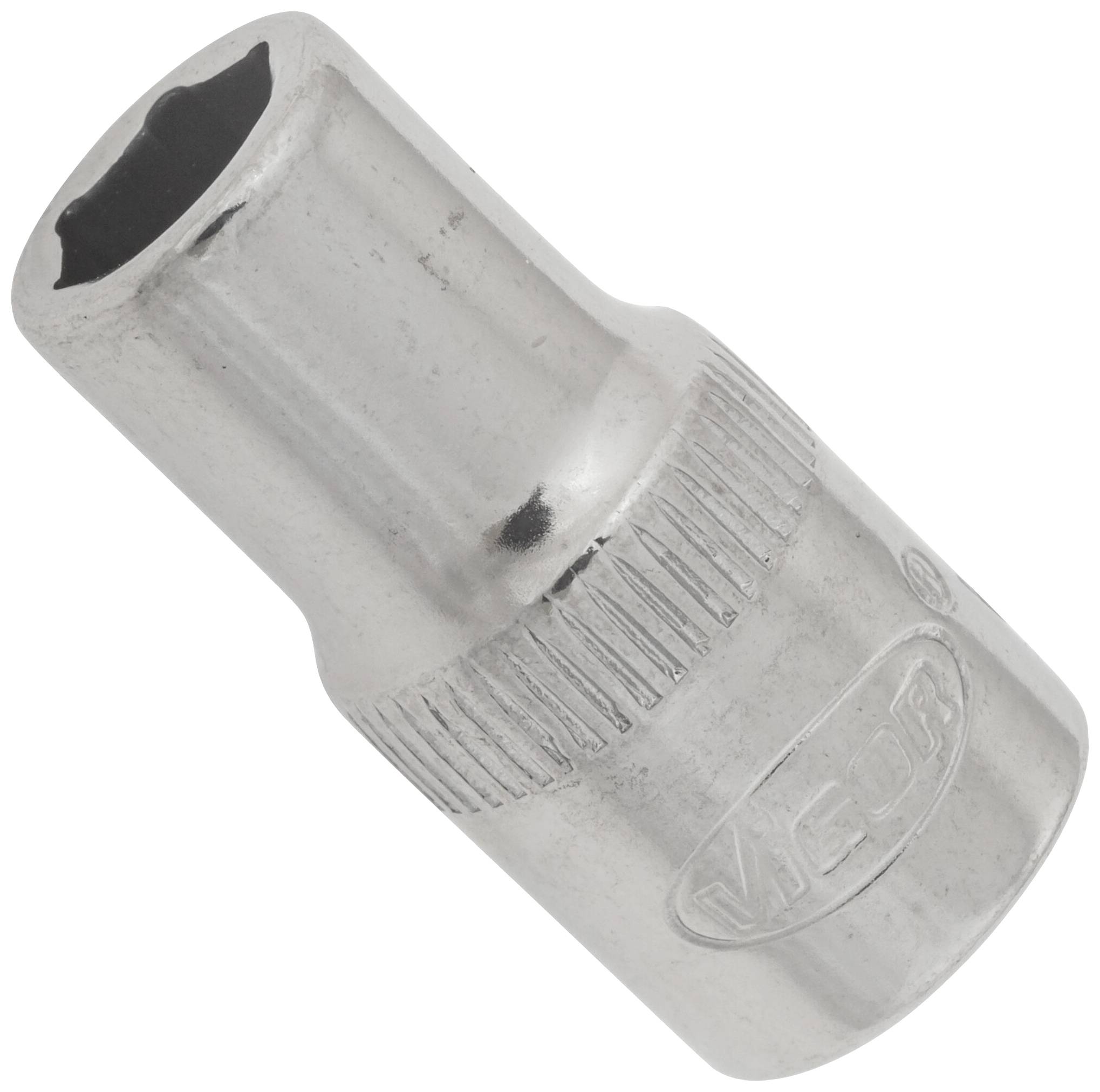 Metallic socket wrench insert, cylindrical in shape, with a knurled grip area and a hexagonal opening at the end.