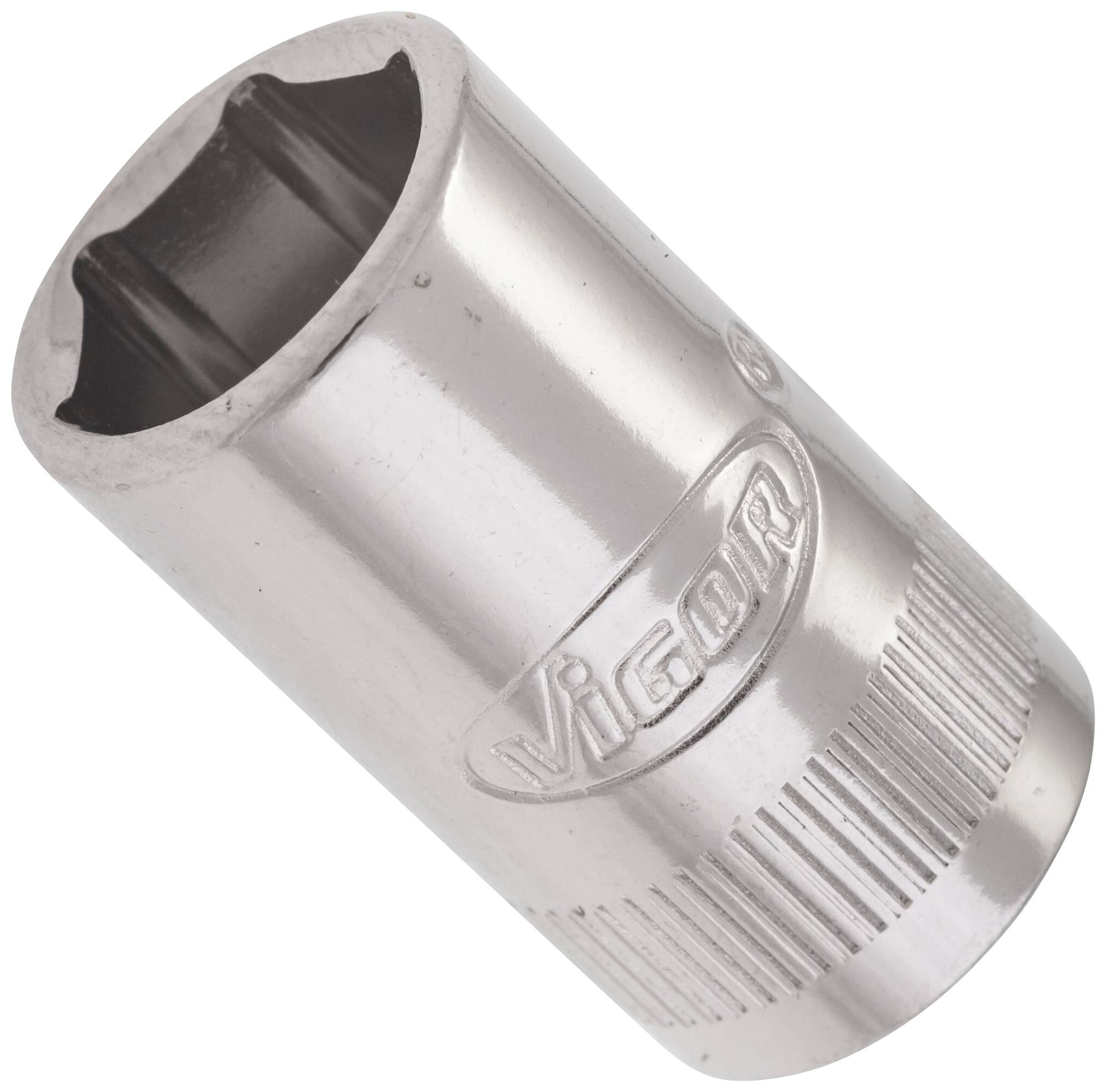 Hexagonal metal socket wrench with embossed company logo. High-gloss, cylindrical design with ridged handle for improved grip.