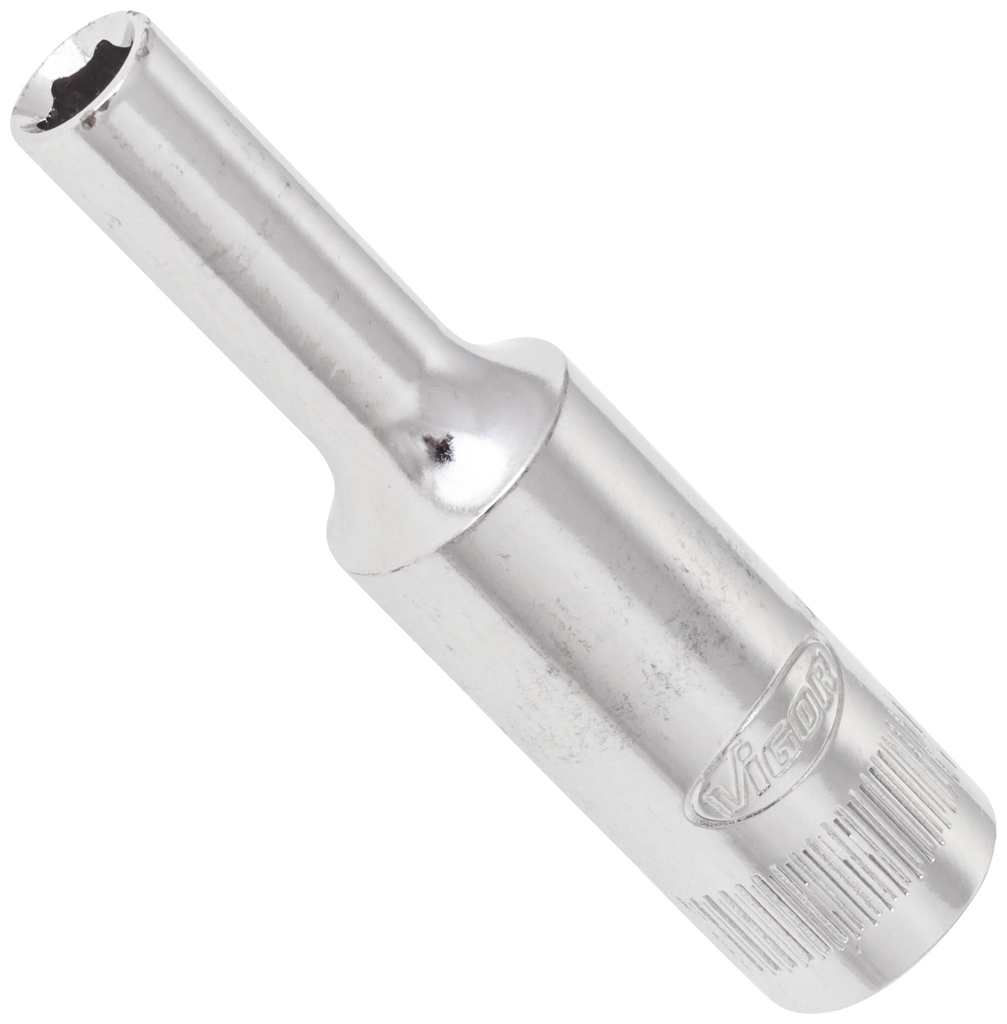 Chrome metal key with hexagonal opening. Embossed with a logo on the side. Suitable for workshop use.