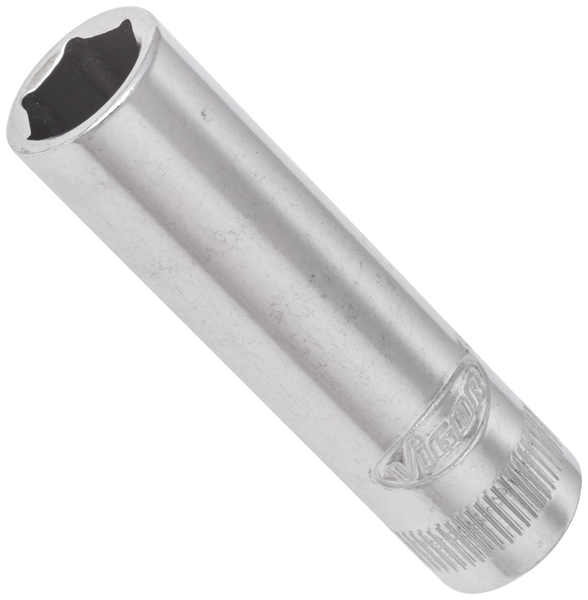 Long chrome-plated socket with hexagonal opening, side-branded with manufacturer's mark. Suitable for use with ratchet tools.