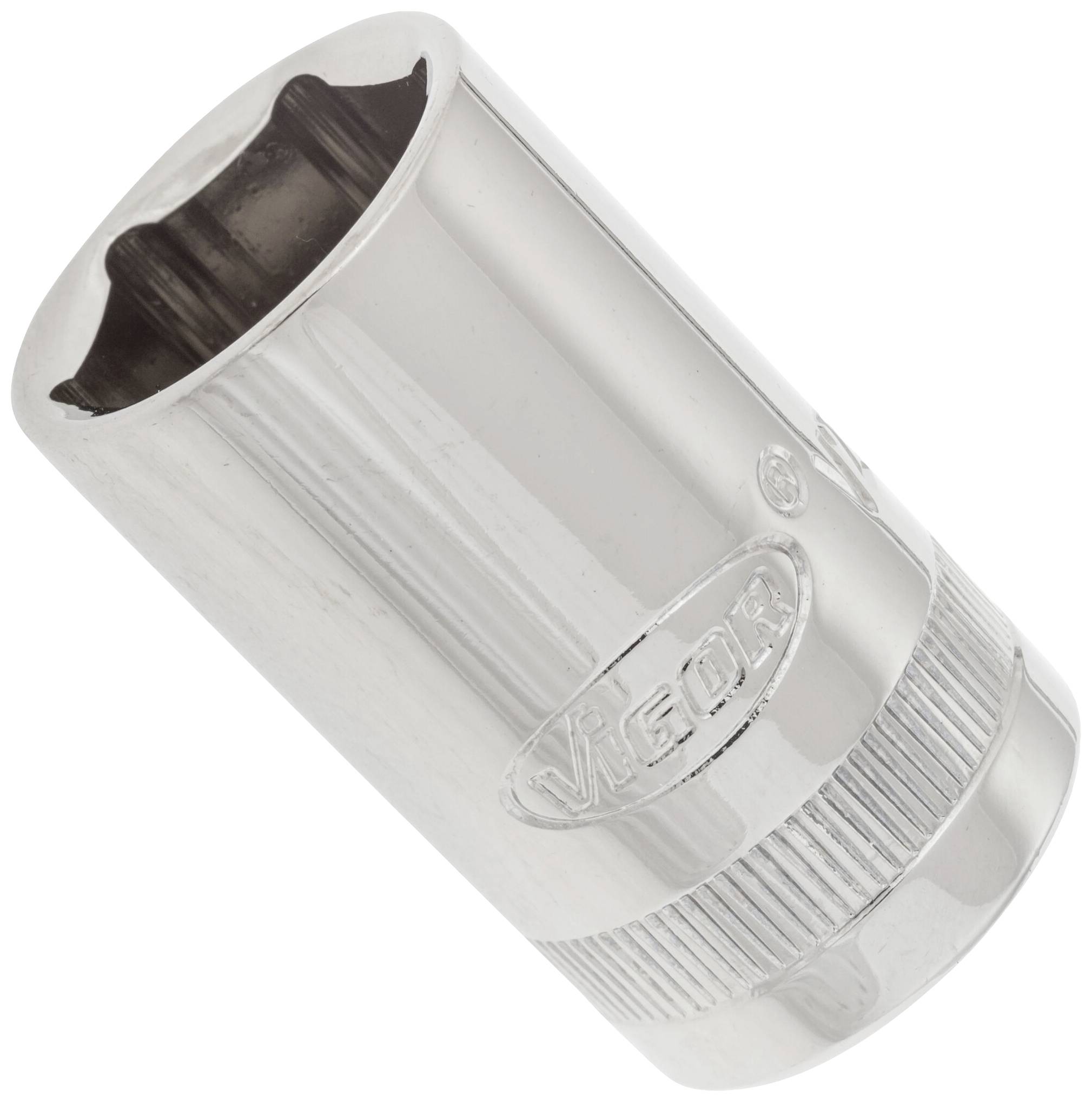 A silver socket spanner with a knurled handle and engraving on the side, suitable for mechanical work.