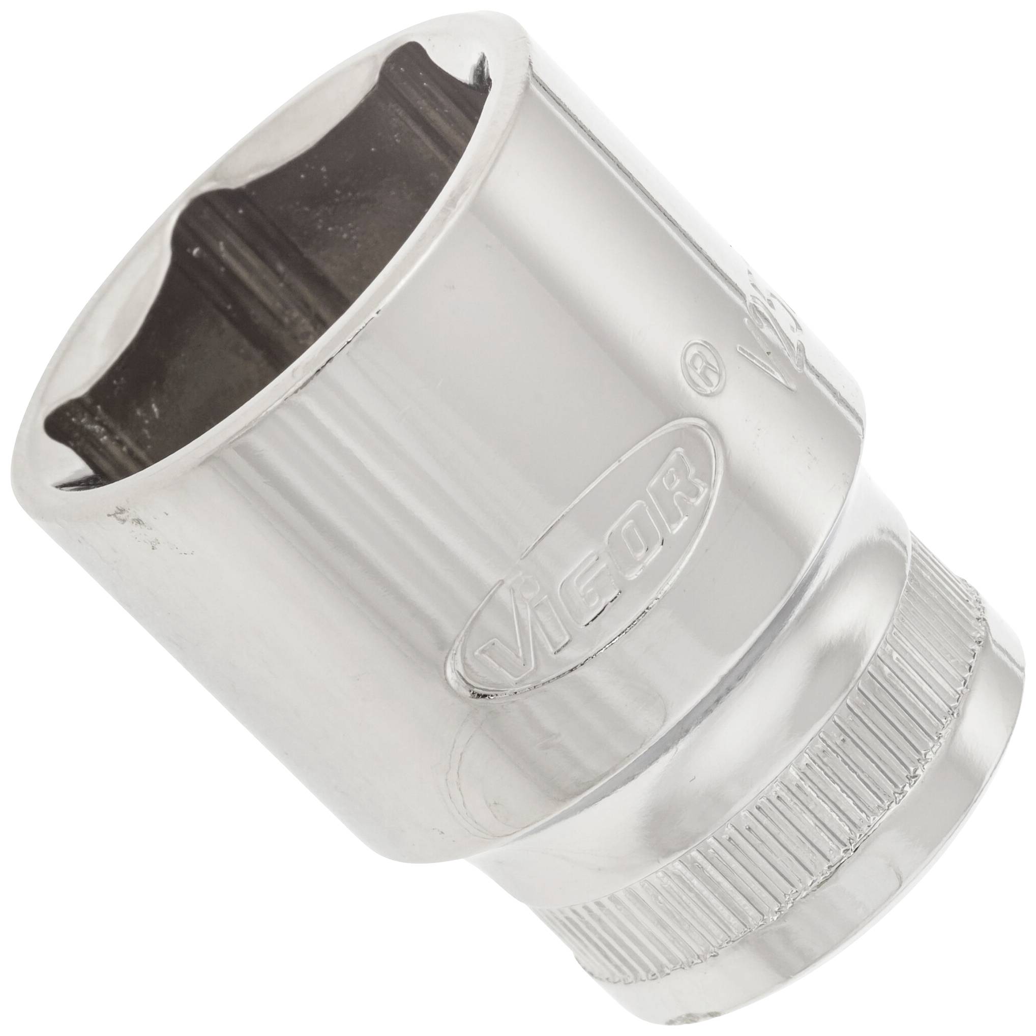 A gleaming, chrome-plated socket with an engraved brand mark on the side, positioned at an angle in the image.