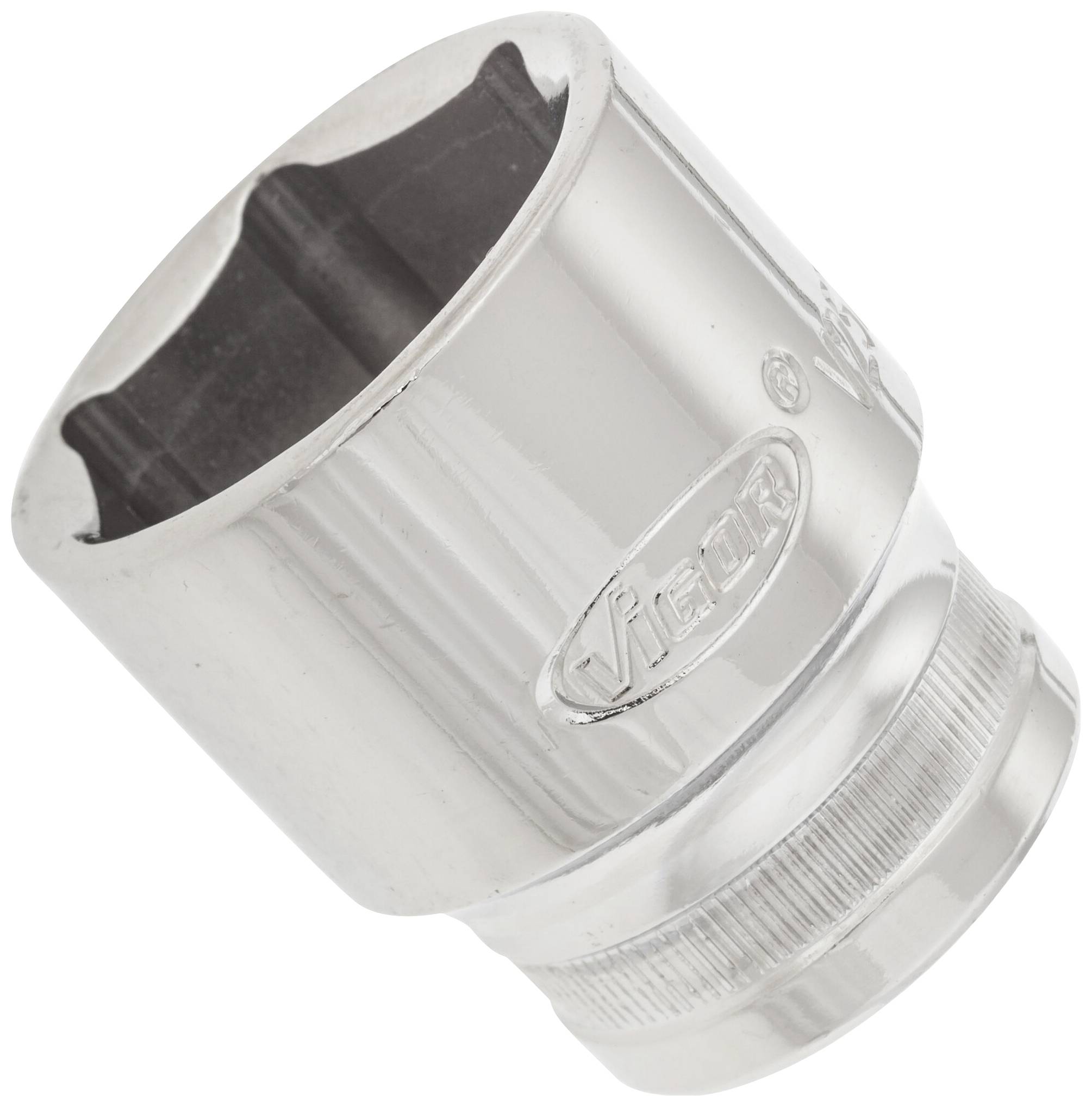 A metallic socket with a hexagonal opening and a shiny surface, suitable for use with a spanner.