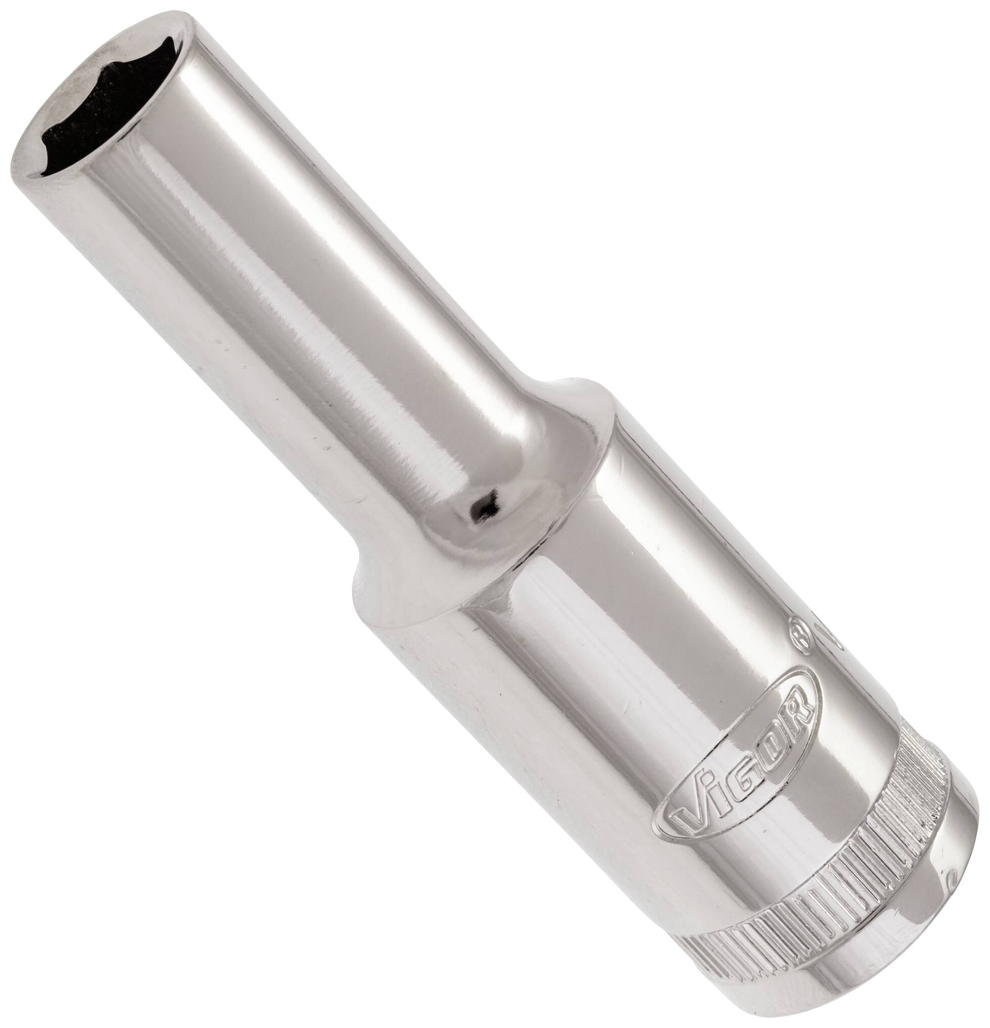 Metal hexagonal socket, cylindrical shape, silver-coloured, with manufacturer's name engraved on the side.