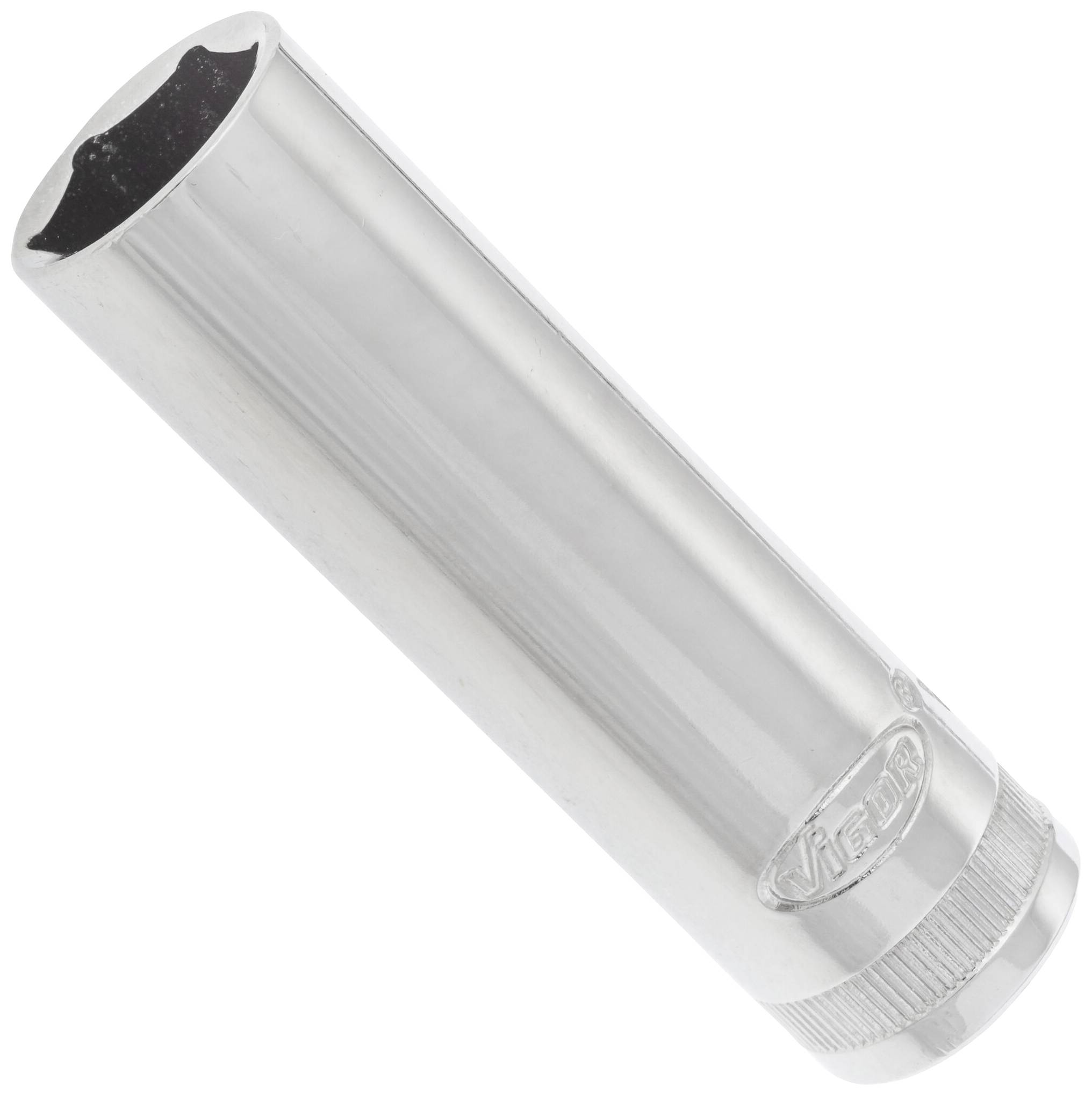 A long, cylindrical socket spanner made of gleaming metal, pictured at an angle against a white background.