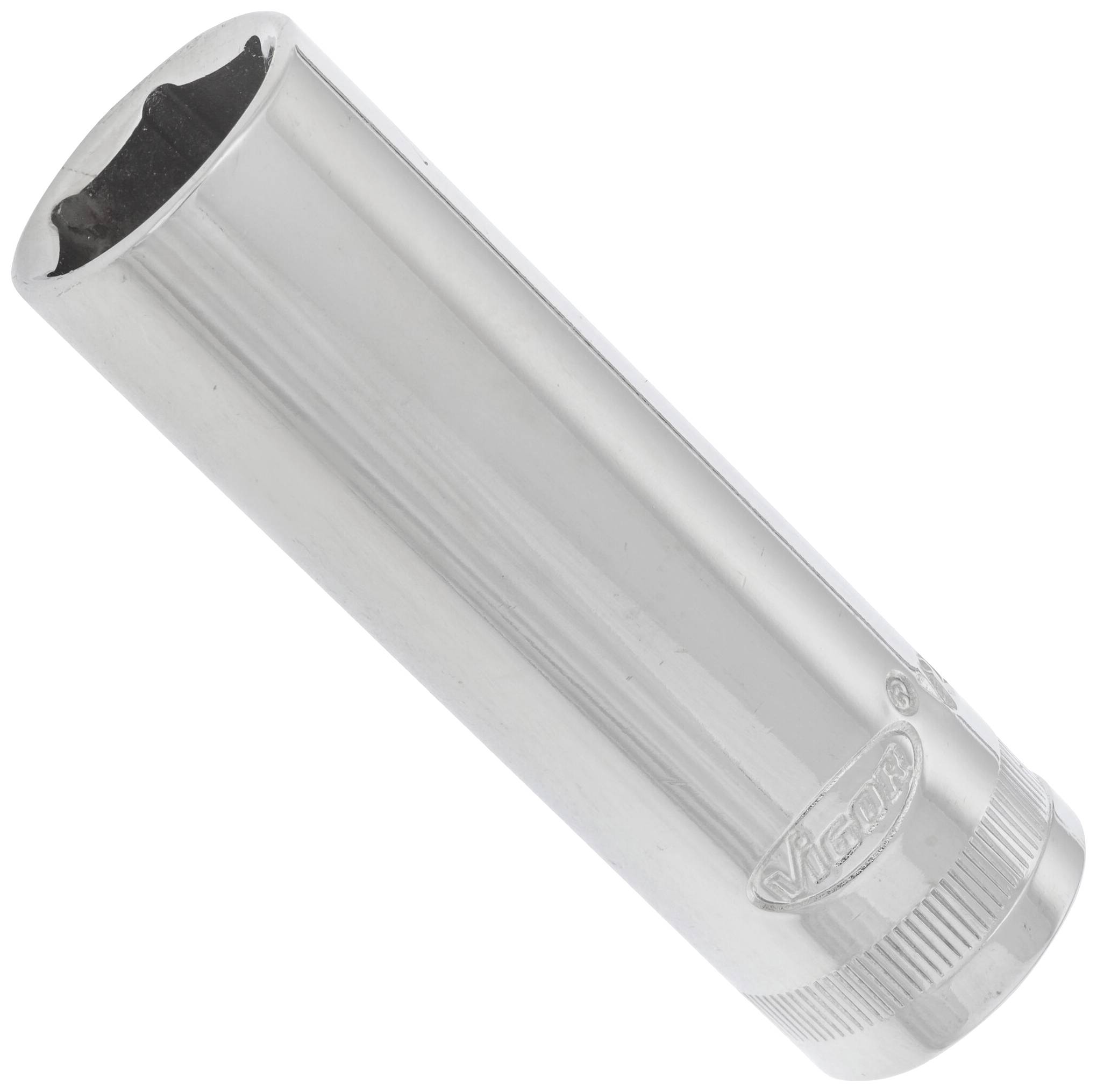 Silver, cylindrical metal attachment, possibly a tool component, with a shiny surface and a structured base.
