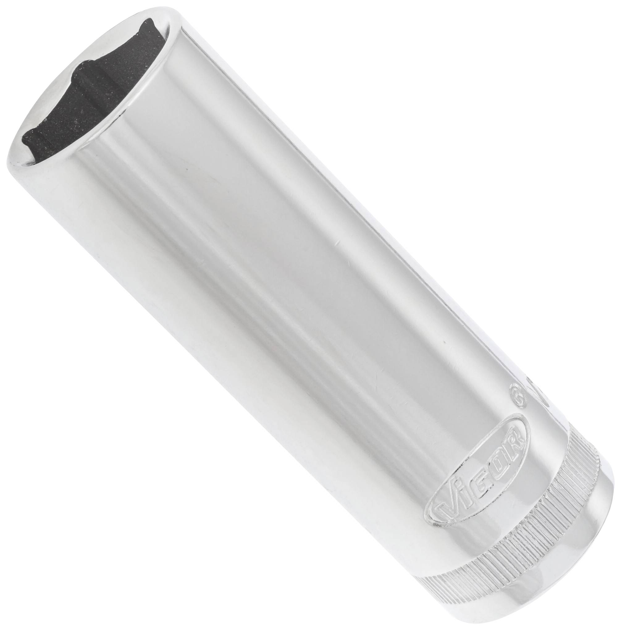 A chrome-plated socket extension with a round end, suitable for screw-related tasks.