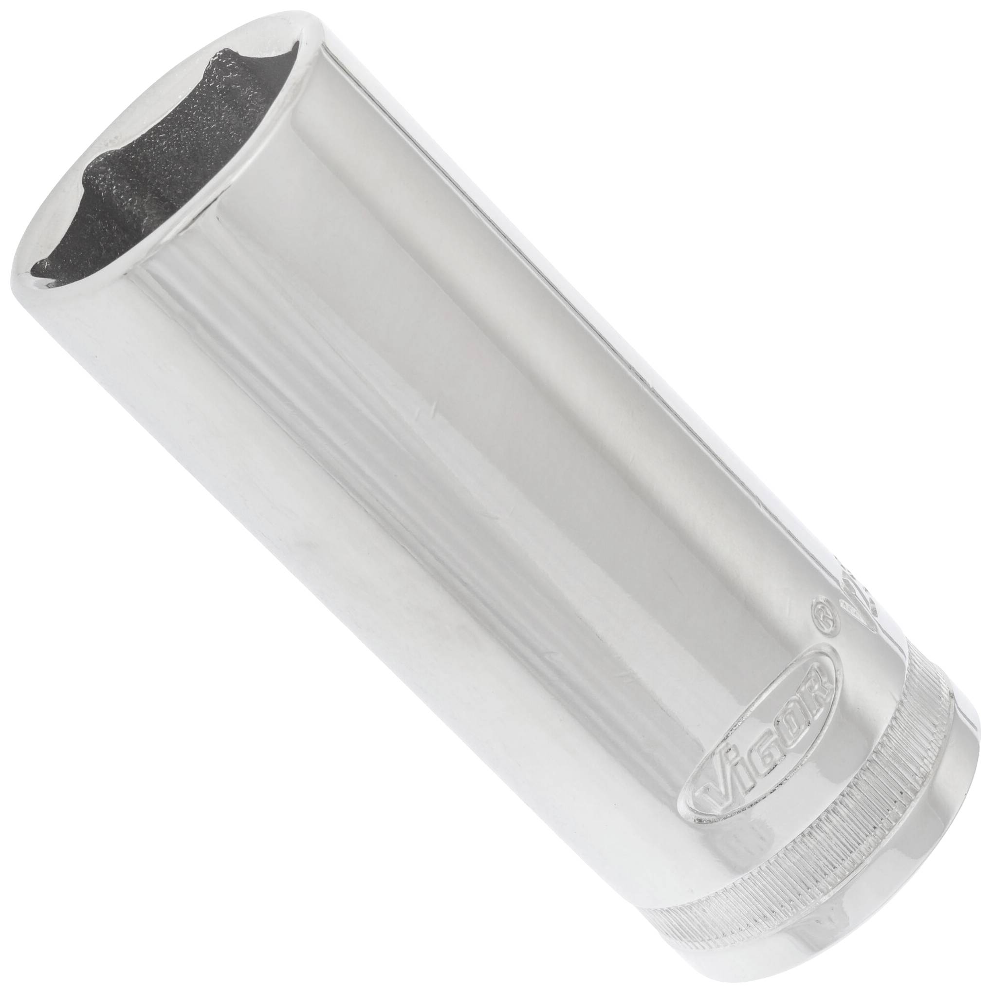A silver socket extension with a knurled edge and brand logo on the side.