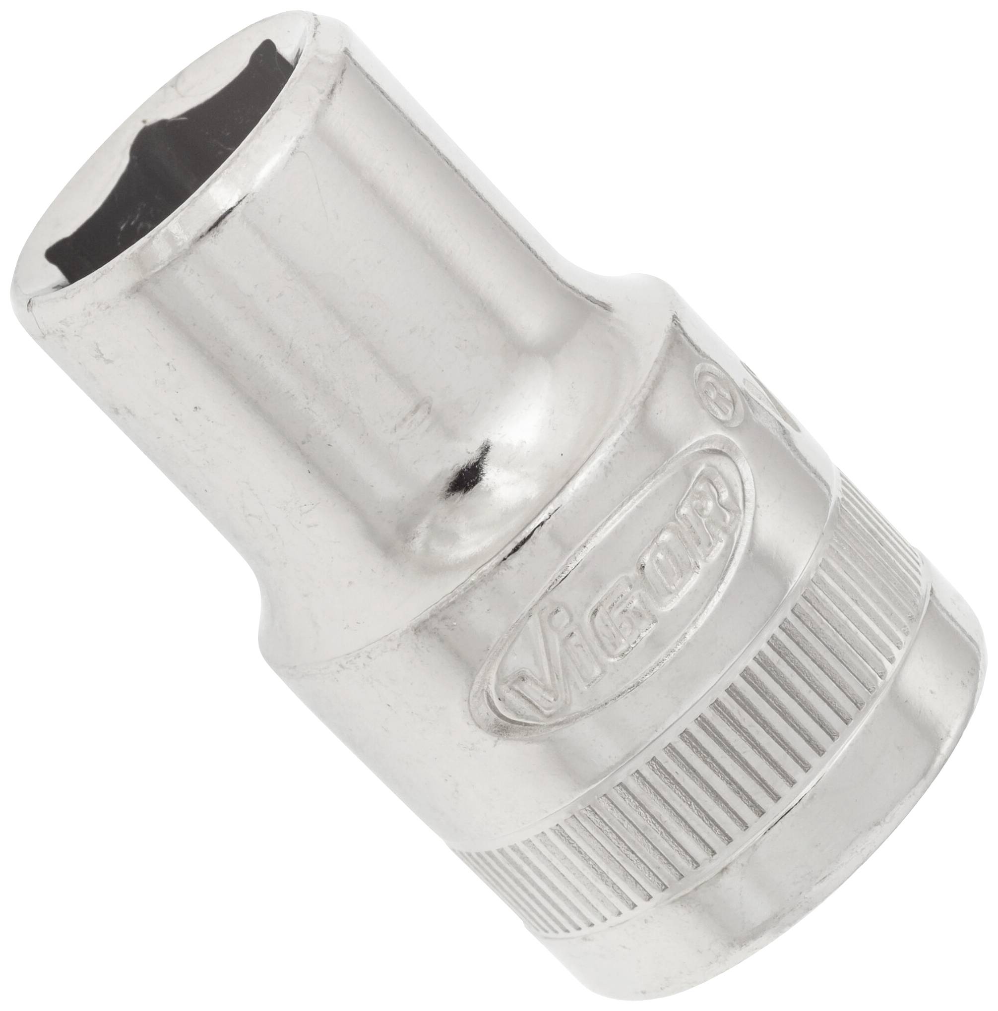 Metal socket wrench attachment with side logo. Used for screw work. Shiny surface and knurled handle.