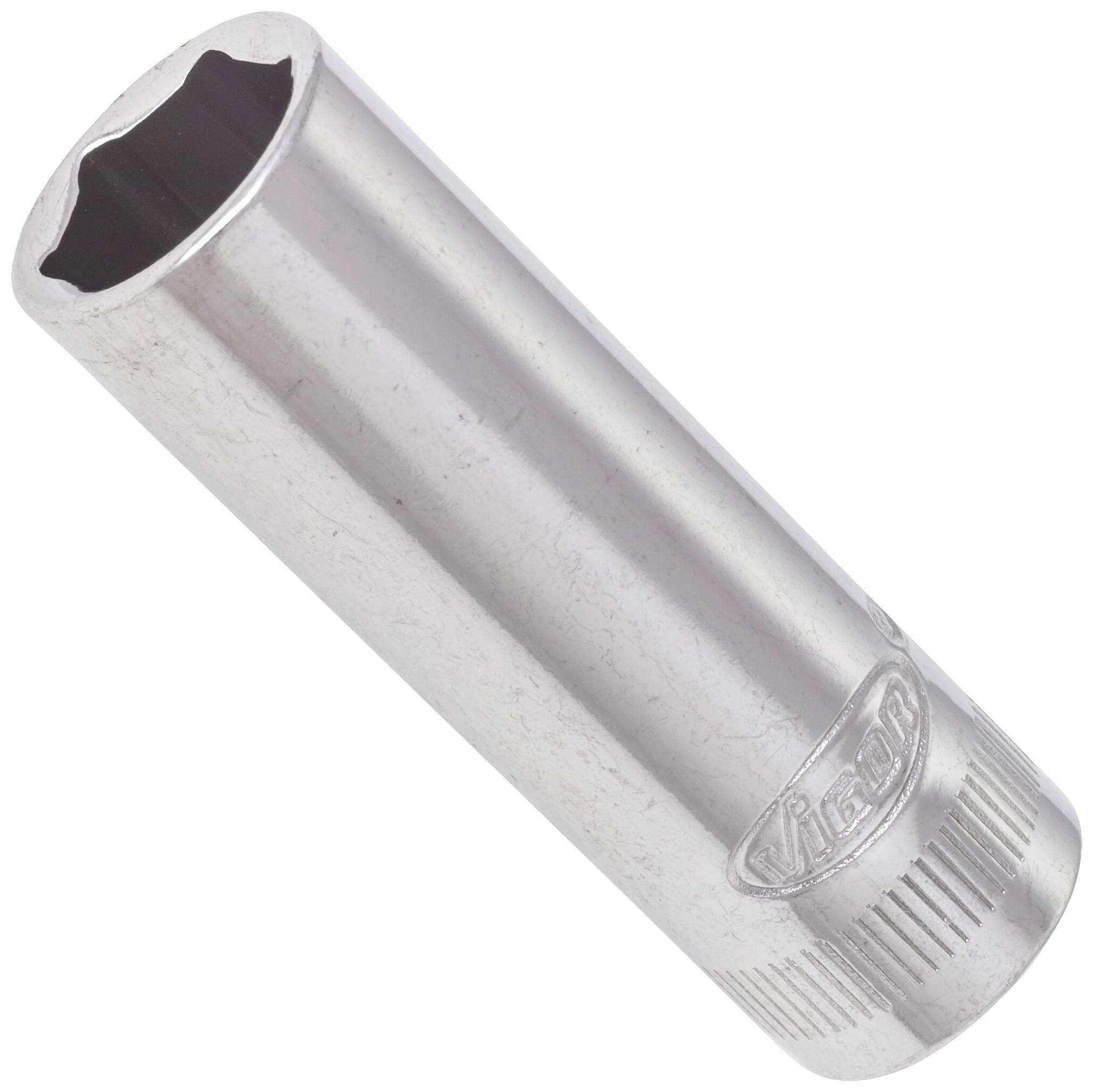Silver hexagonal socket, cylindrical, with engraved logo. Tool for use with ratchets and spanners.