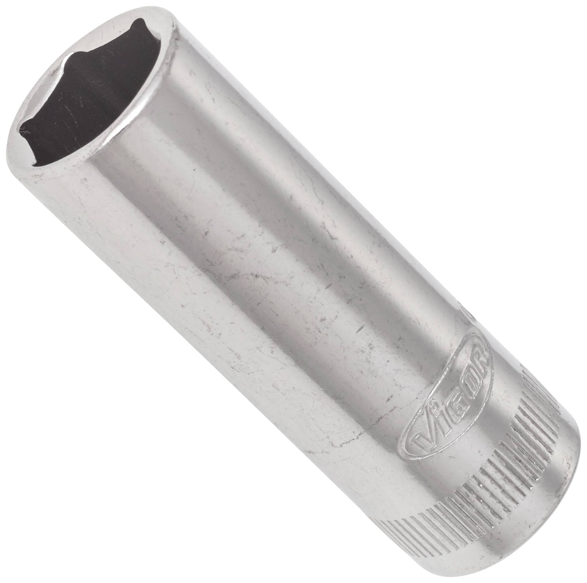 A silver hexagonal socket wrench. It has a knurled surface for improved grip.