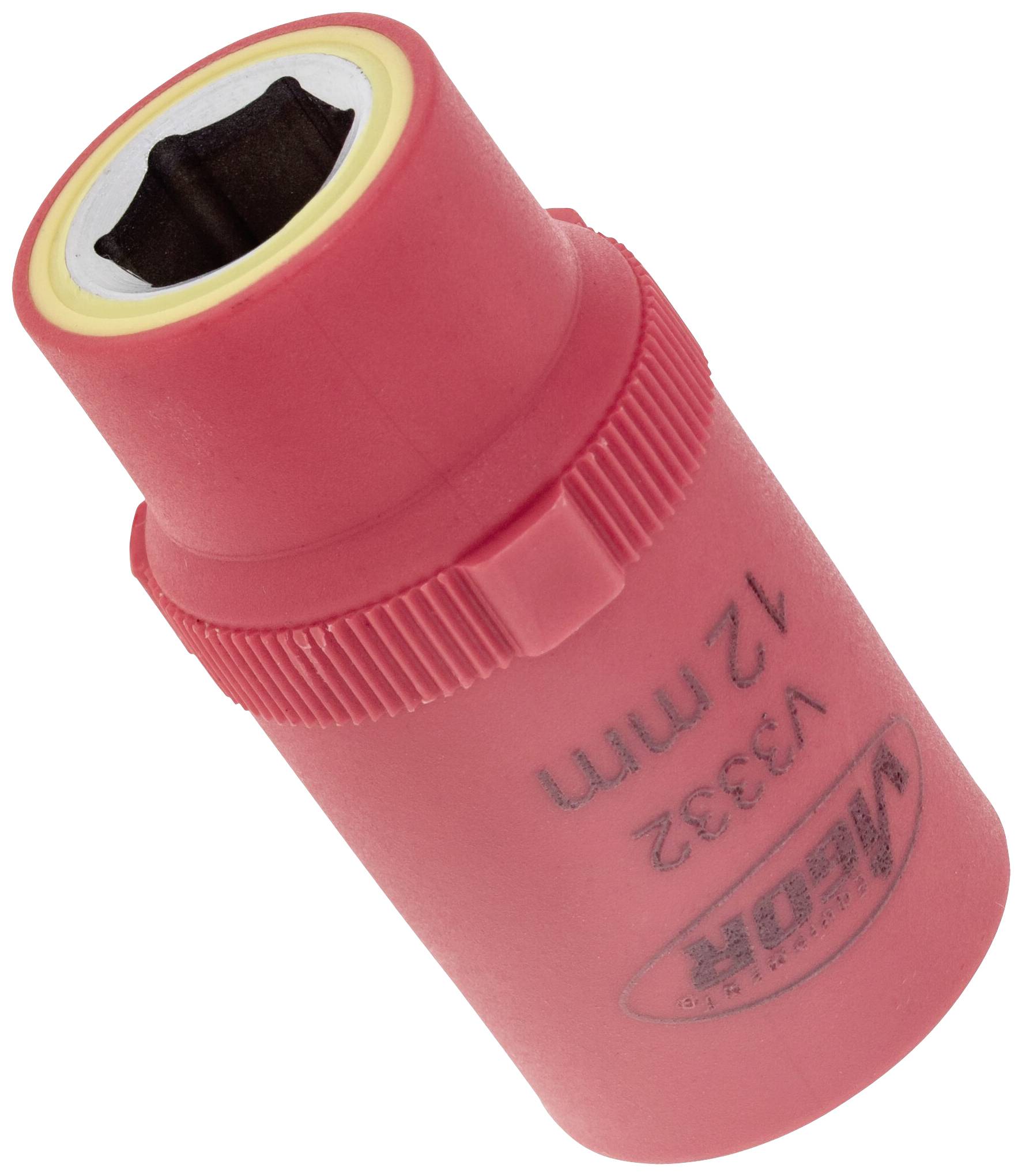 A red socket spanner with the inscription '12 mm V3932'. The socket spanner is open on one side and suitable for manual craftwork.