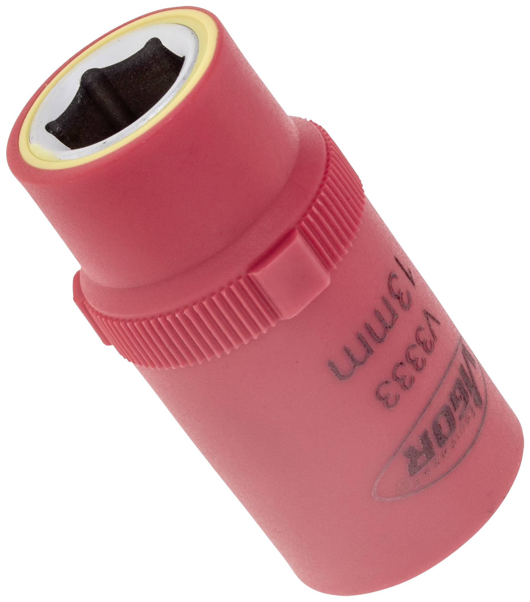 A red, isolated socket key adapter with a 13 mm profile, marked with VDE certification for use in electrical environments.