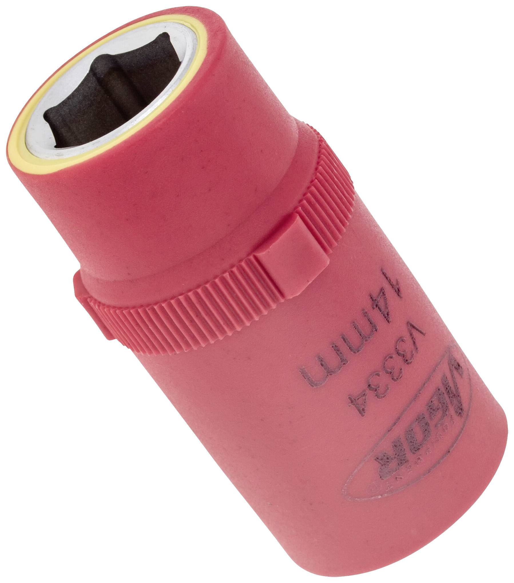 Red socket with 1/2-inch drive and 14 mm hexagonal size. Suitable for torque tools, made from robust material.