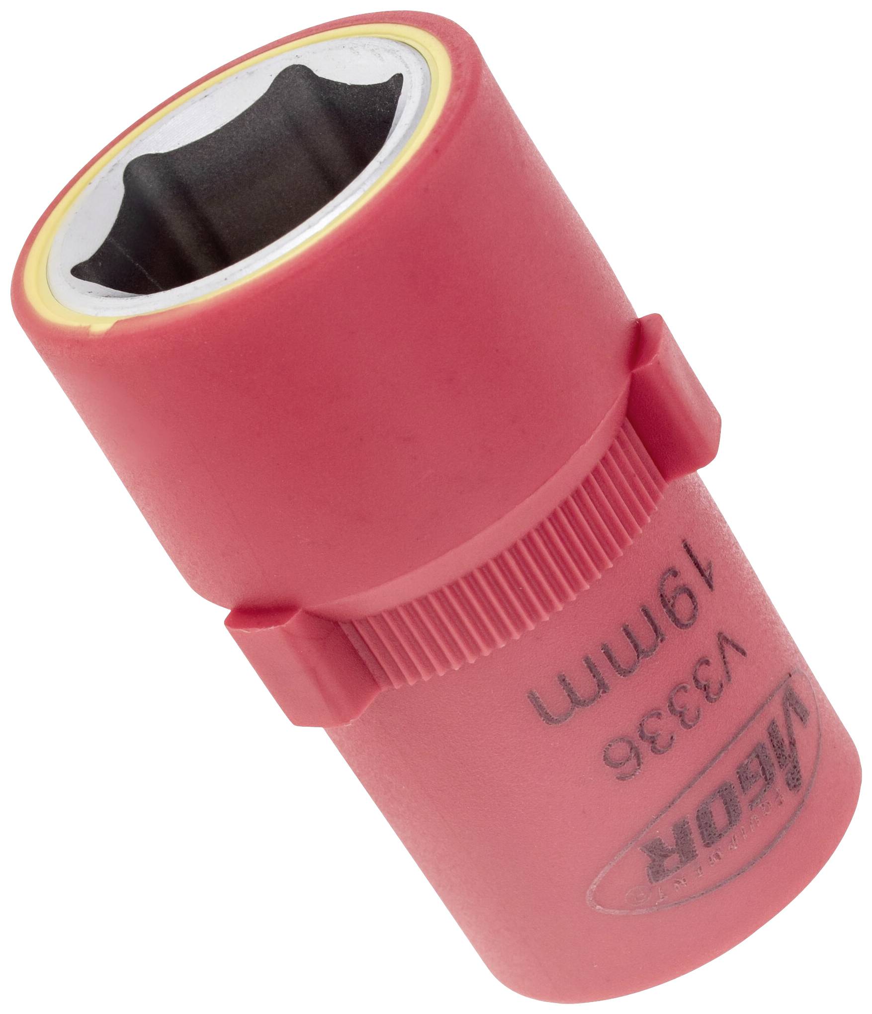 Red box-end spanner, 19mm, with insulated shaft, used for tightening or loosening threaded connections.