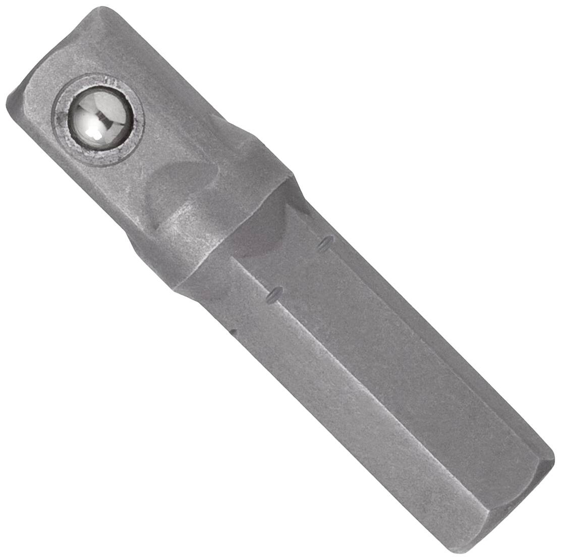 A grey metal component with a ball bearing, rectangular in shape, which may be used as a connecting element or fastening device.