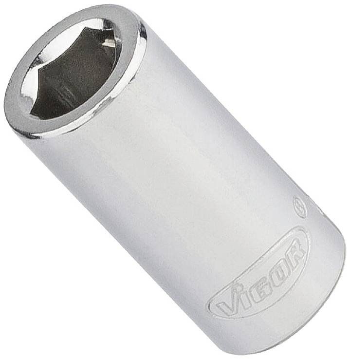 Silver hexagonal socket nut with 'VIGOR' inscription visible. Designed for use with ratchets or similar tools.