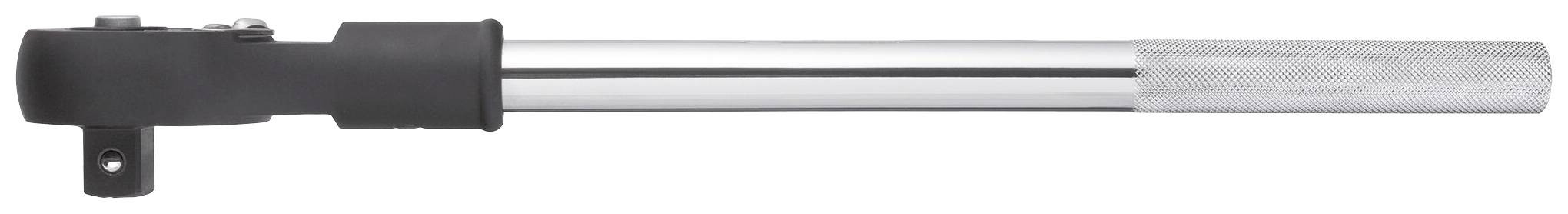 Torque wrench with a silver handle and black head, positioned horizontally. For precise control of tightening torque.