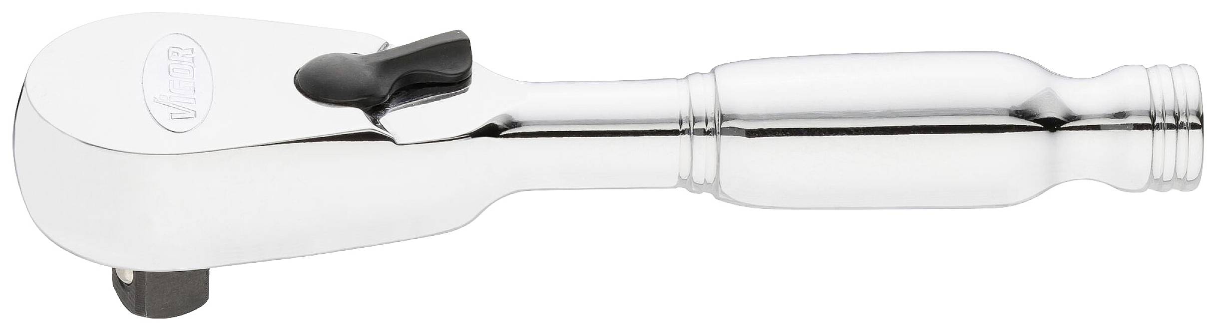 Chrome-coloured ratchet spanner, compact and ergonomically designed, with a swivel head for versatile applications.