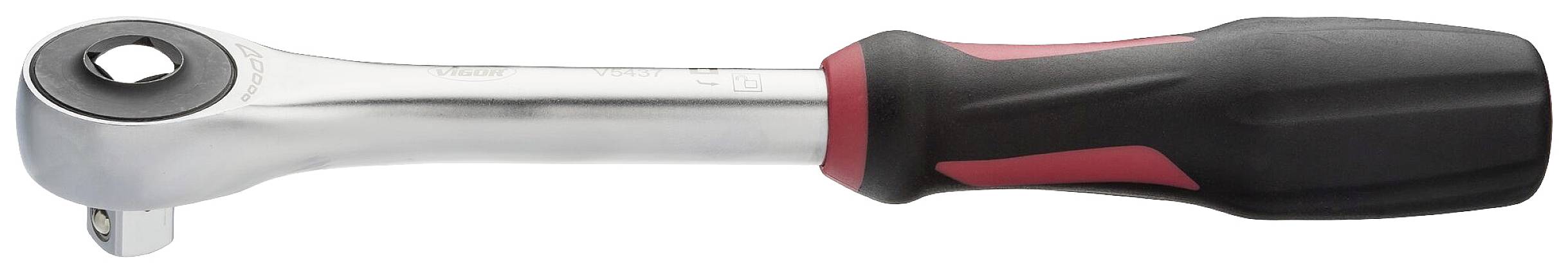 Ratchet socket wrench with a black handle and red accent, primarily made of metal.