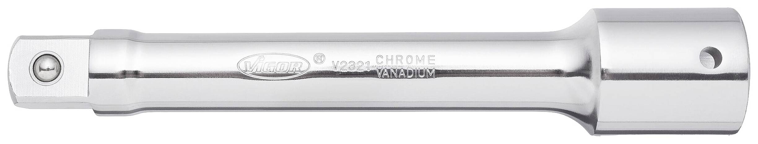A chrome-plated socket extension bar, cylindrical, with a square drive and a hole at the end, marked 'CHROME'.