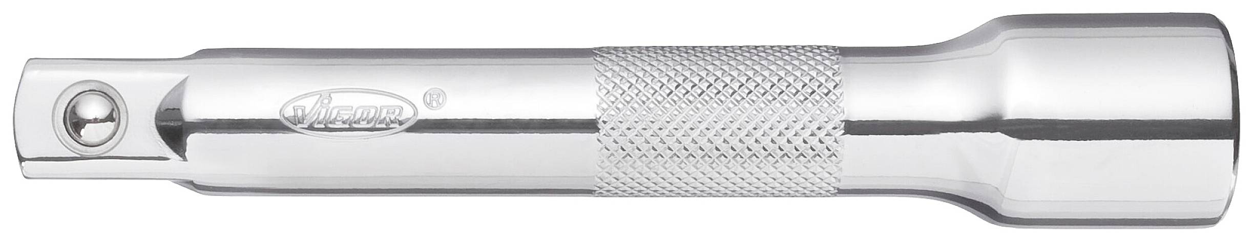 A extendable socket wrench adapter made of shiny metal with a knurled handle to increase grip.