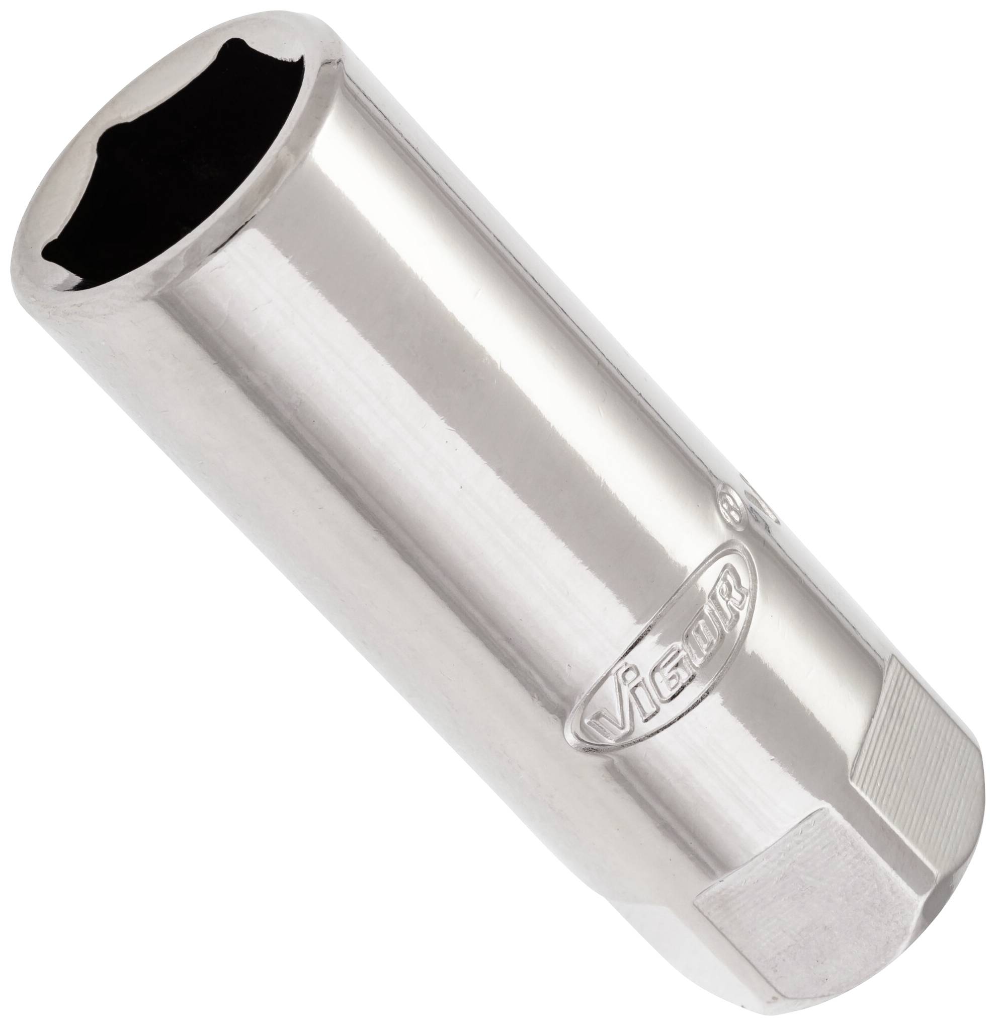 Chrome-plated spark plug nut with rounded profile and marked logo. Suitable for work on motor vehicles or machinery.