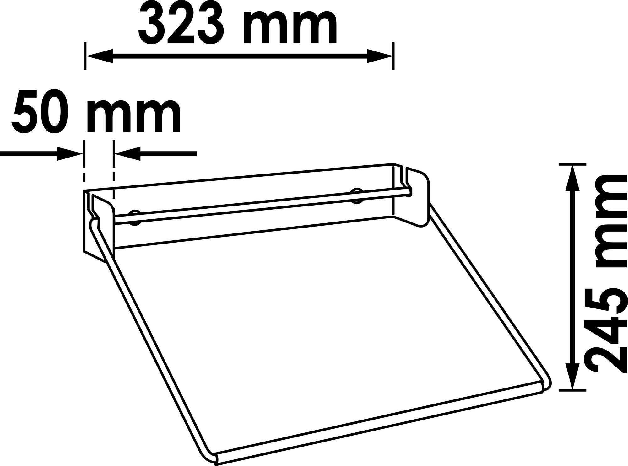 Diagram of an angled shelf with dimensions: width 323 mm, depth 50 mm, height 245 mm.
