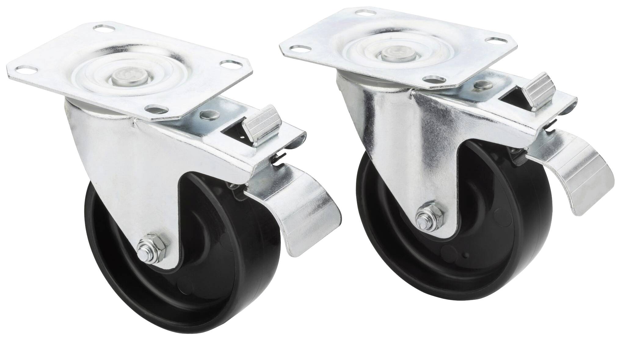 Two black castors with brakes and silver mounting brackets, suitable for furniture or equipment for easy movement and secure positioning.
