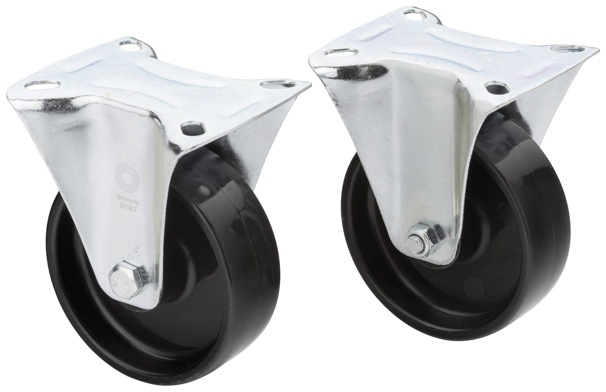 Two black castors with silver metal mountings on a white background. Perfect for furniture or equipment that needs to be moved.